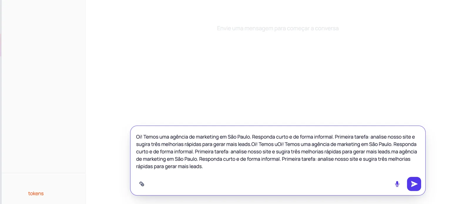 Chat do agente com uma primeira mensagem sobre o negócio digitada no campo de texto