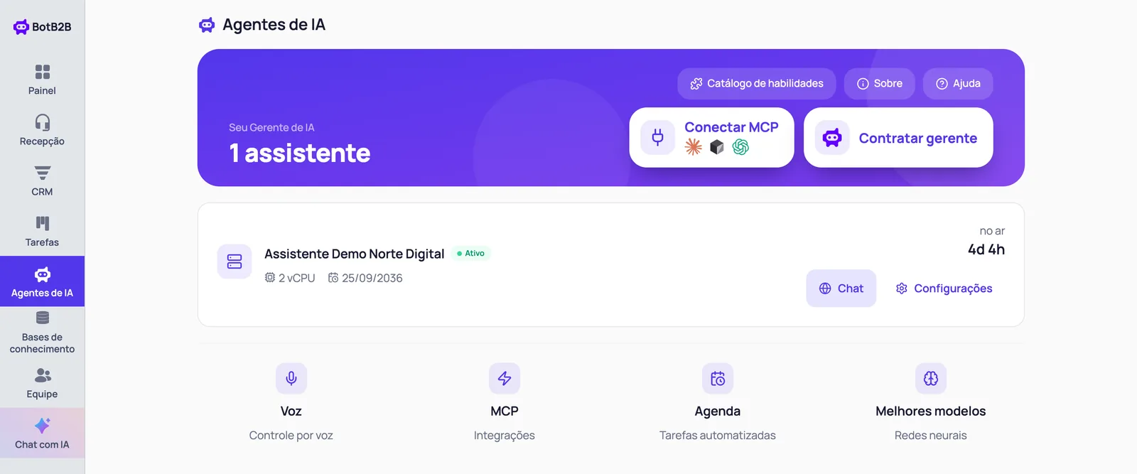 Lista de Agentes de IA com o cartão do novo agente e os botões Chat e Configurações