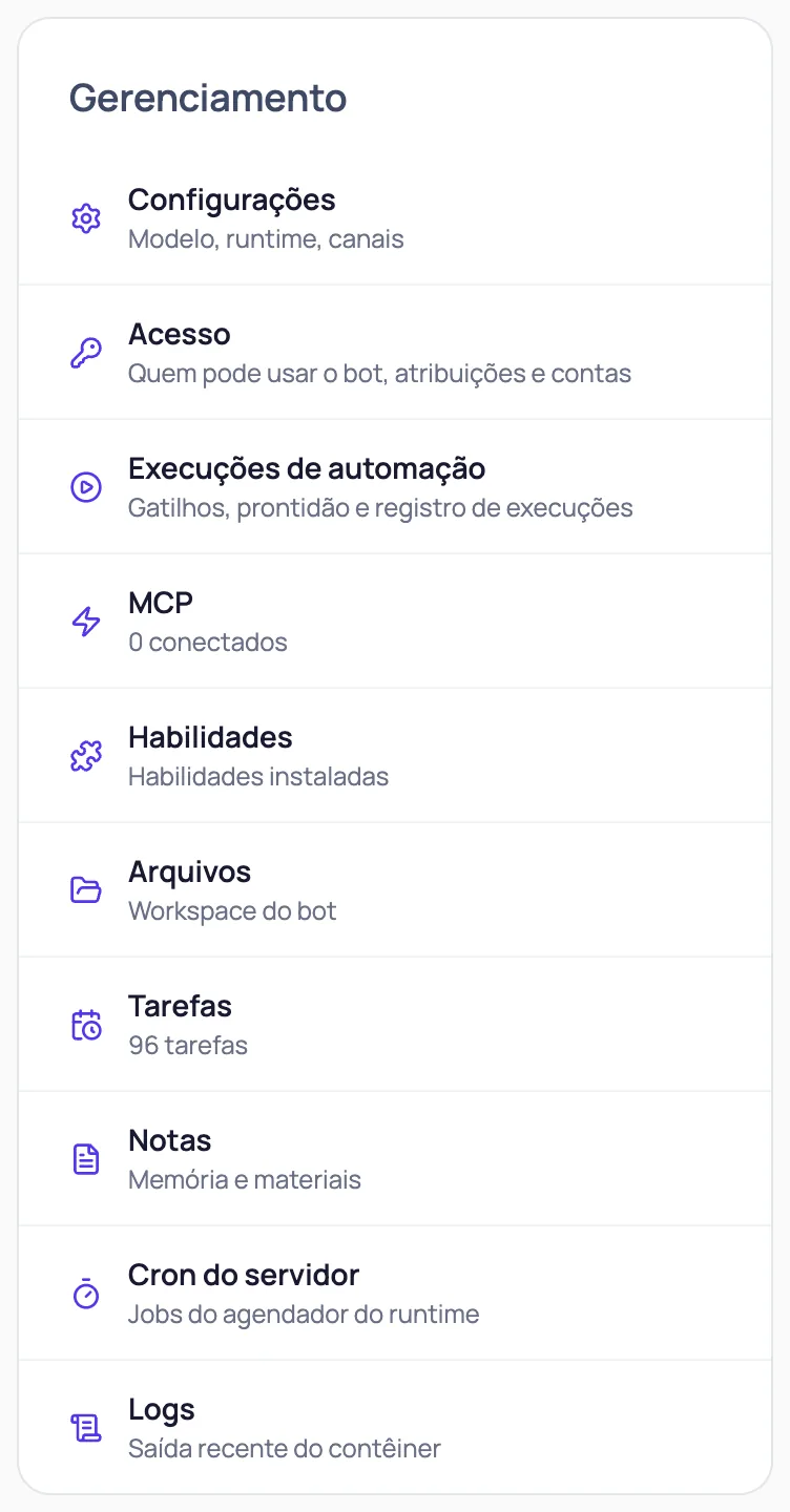 Bloco Gestão da página do agente: Configurações, Acesso, Automações, Integrações MCP, Habilidades, Arquivos, Tarefas, Notas, Agendador, Registros