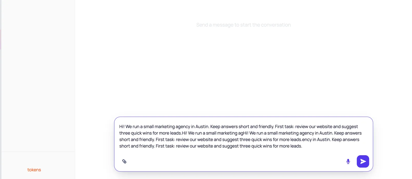 Agent chat with a first message about the business typed in the input