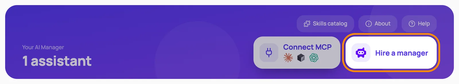 AI Staff page header with the Connect MCP and Hire a manager buttons, Hire a manager highlighted