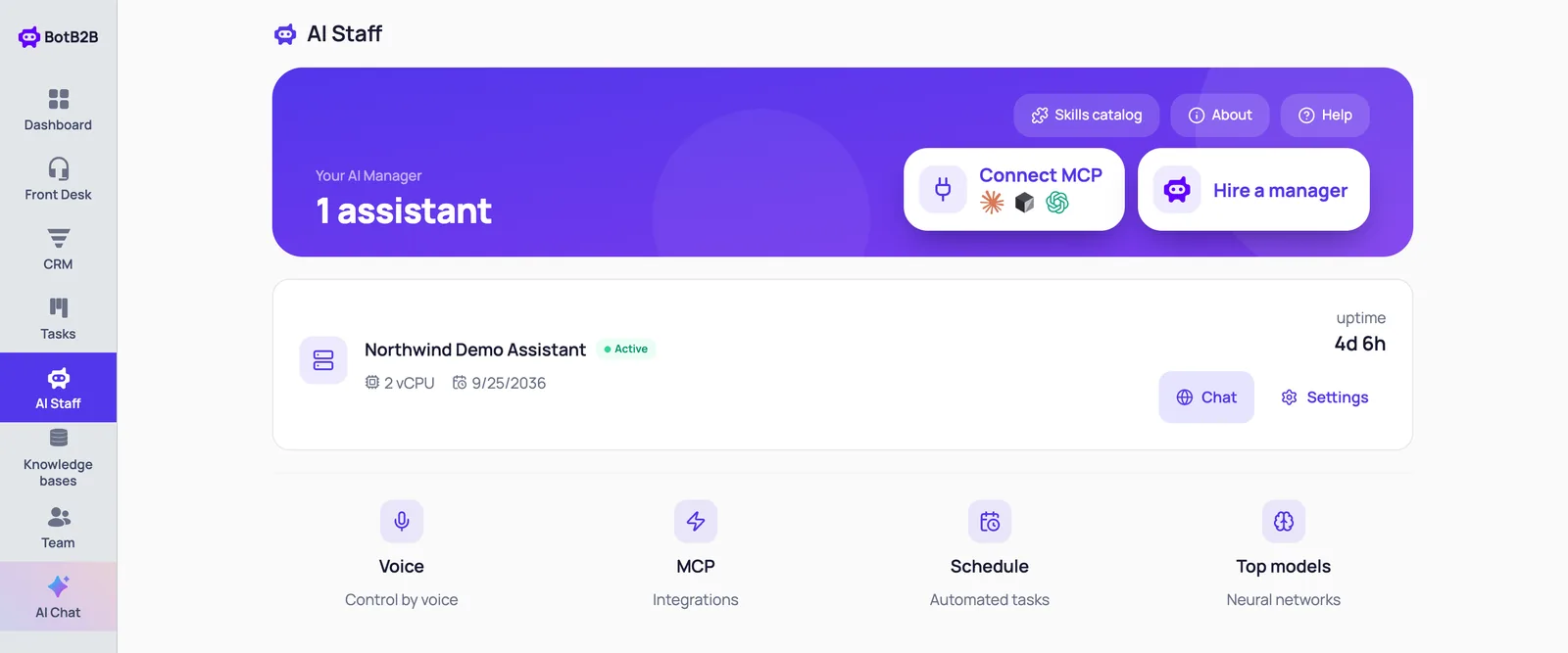 AI Staff list with the new agent card, Chat and Settings buttons