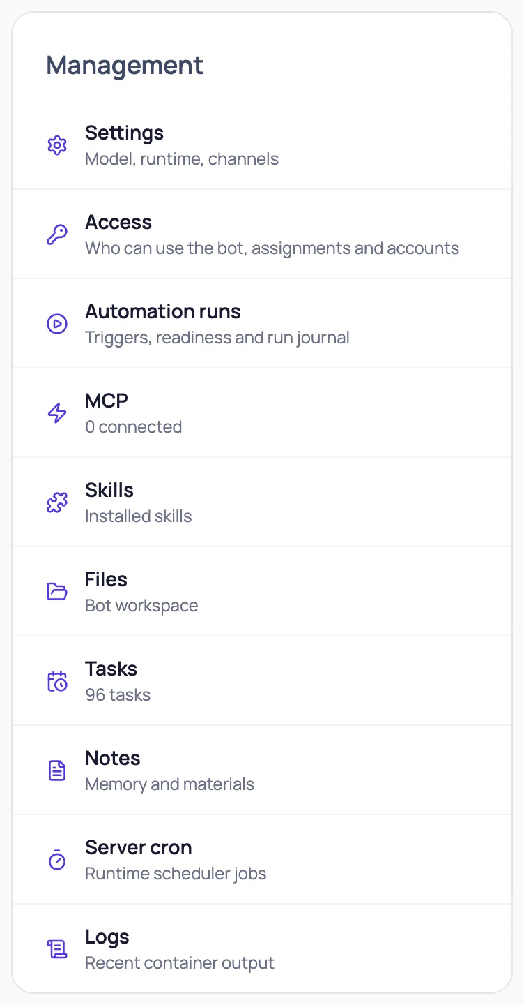 Management block of the agent page: Settings, Access, Automations, MCP integrations, Skills, Files, Tasks, Notes, Server scheduler, Logs