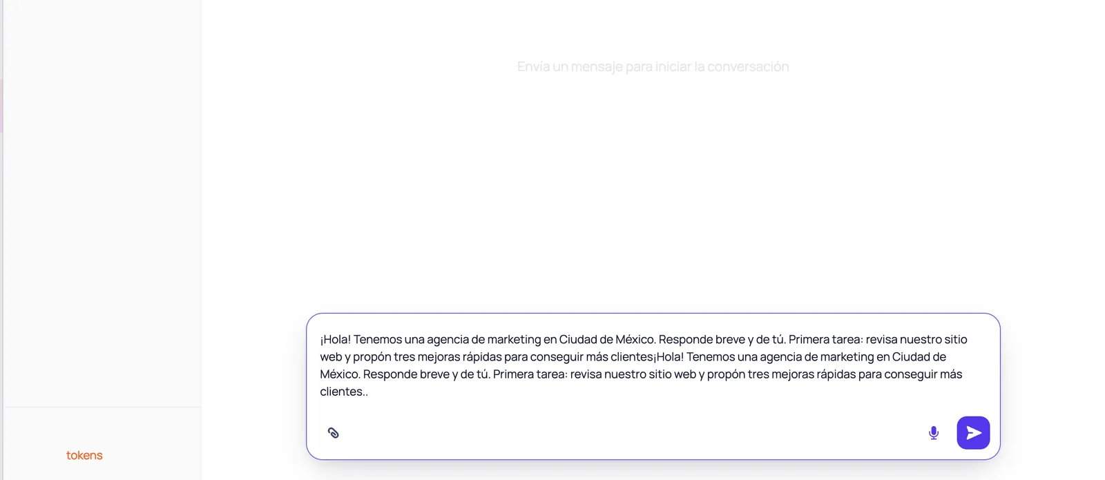 Chat del agente con un primer mensaje sobre el negocio escrito en el campo de texto