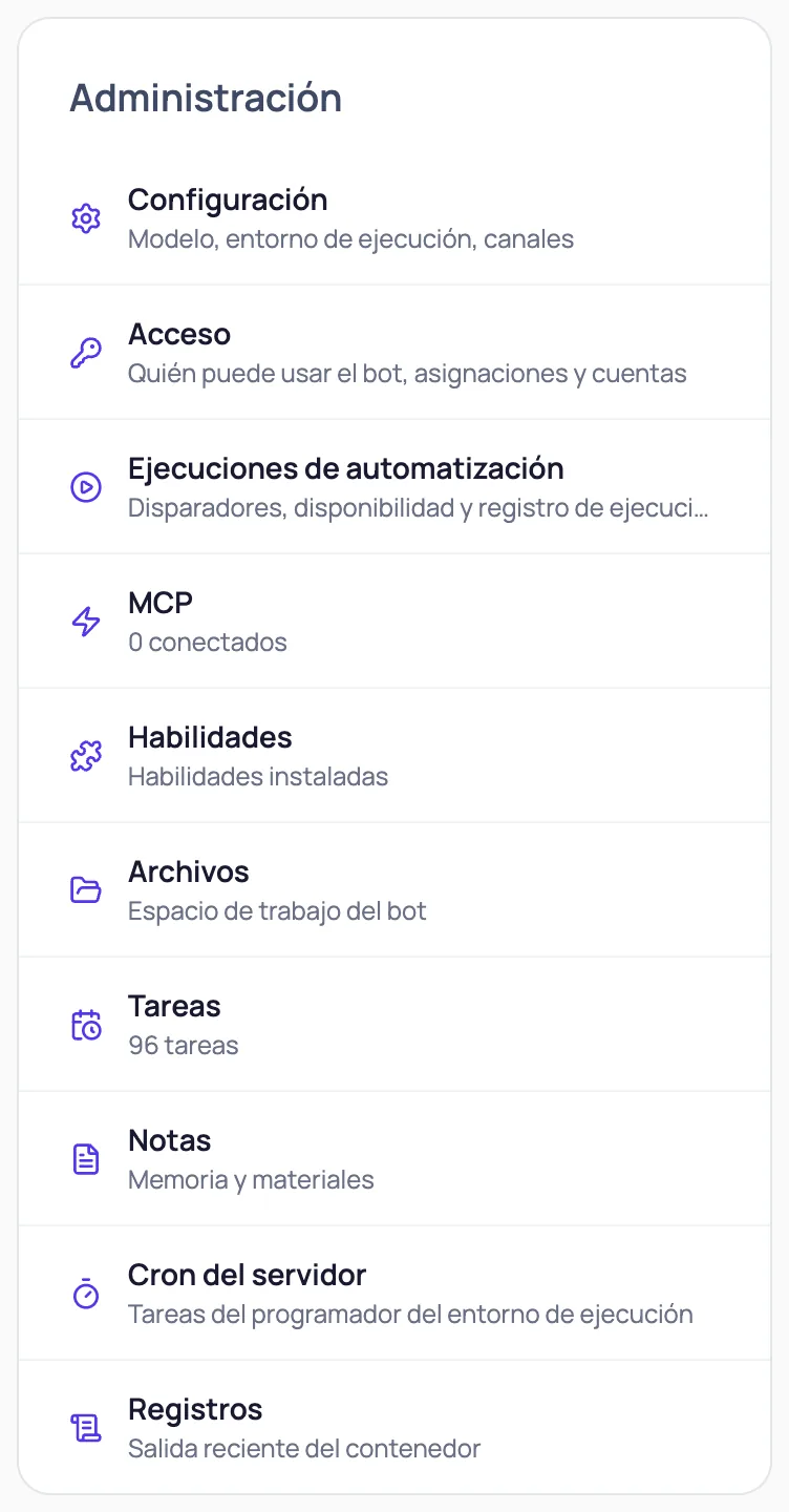 Bloque Gestión de la página del agente: Configuración, Acceso, Automatizaciones, Integraciones MCP, Habilidades, Archivos, Tareas, Notas, Programador, Registros