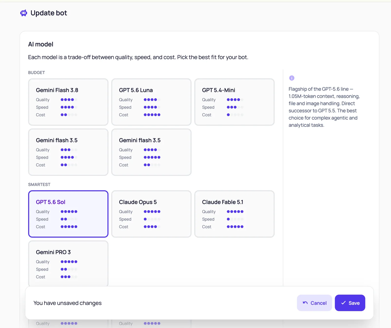 AI model selection in BotB2B: Budget and Smartest groups with quality, speed and cost ratings