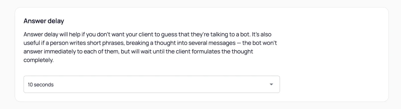El ajuste Retraso de respuesta en la configuración del bot de BotB2B: descripción y el desplegable con 10 segundos seleccionados