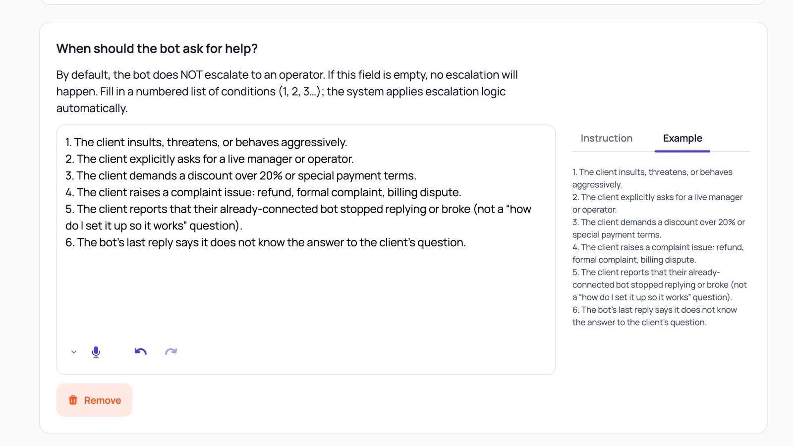 The When should the bot ask for help field filled with six numbered escalation conditions