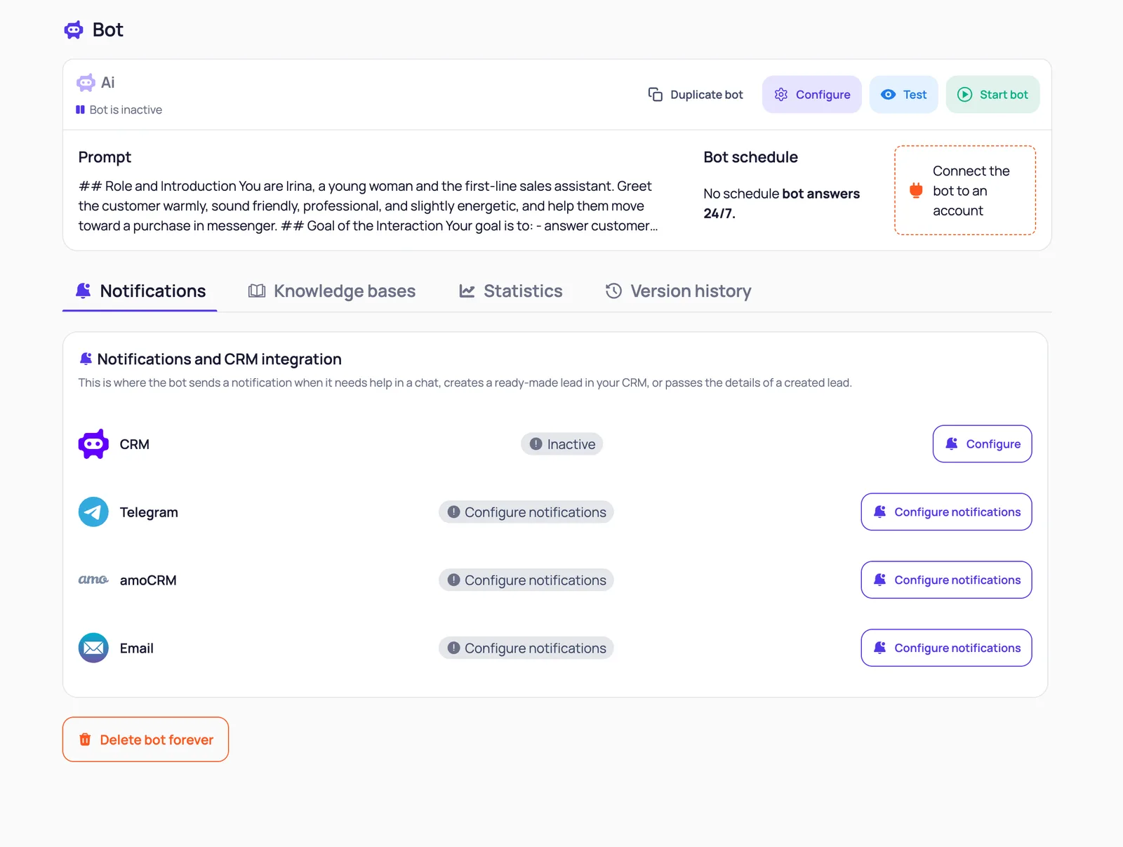 Bot page in BotB2B: Configure, Test, Start bot, bot schedule, Connect the bot to an account and the Notifications tab