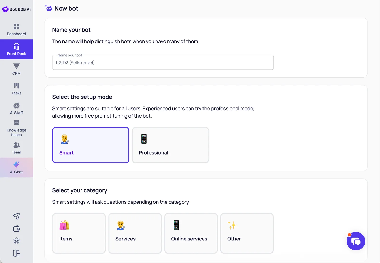 New bot form in BotB2B: name your bot, Smart or Professional setup mode, business category