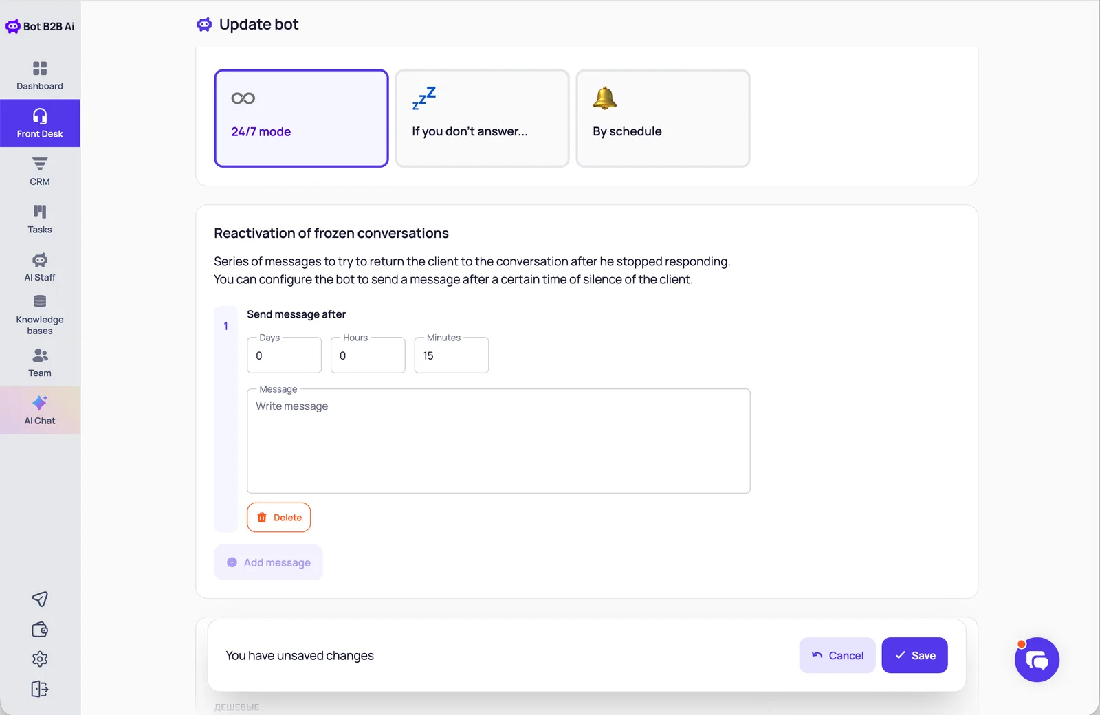 Bot schedule in BotB2B: 24/7 mode, If you don't answer, By schedule, and the Reactivation of frozen conversations block