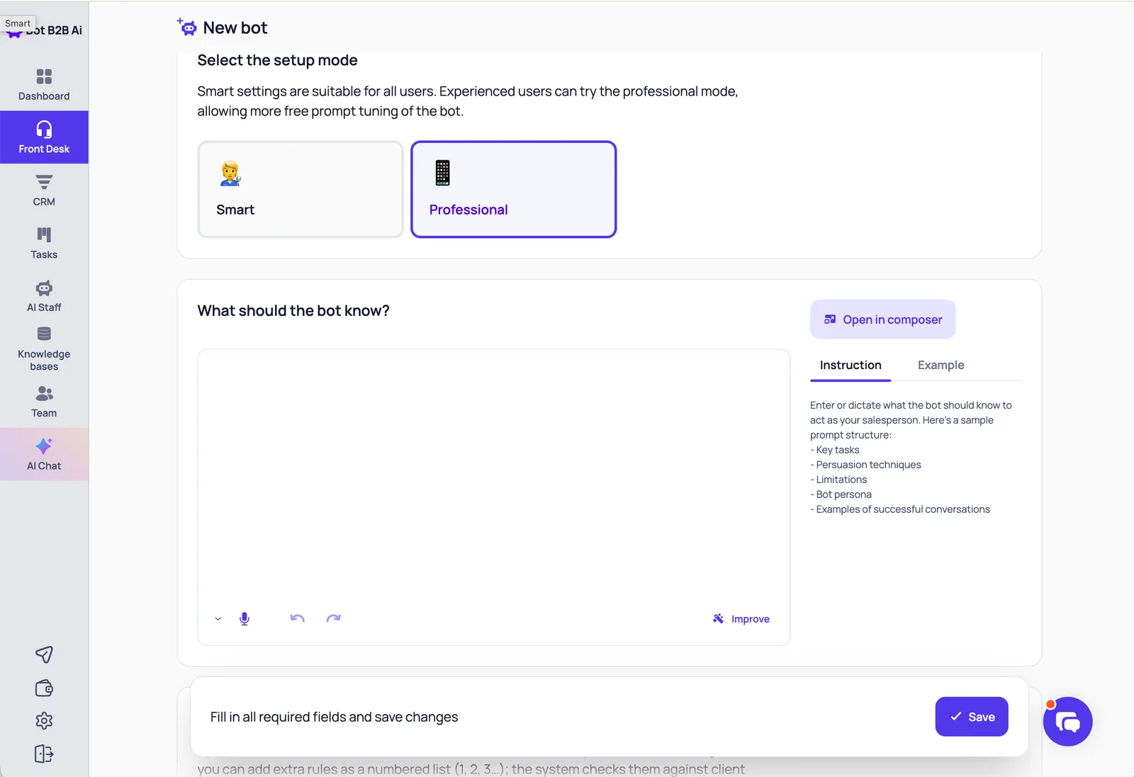 The What should the bot know field in Professional mode with the Open in composer button and the Instruction and Example tabs