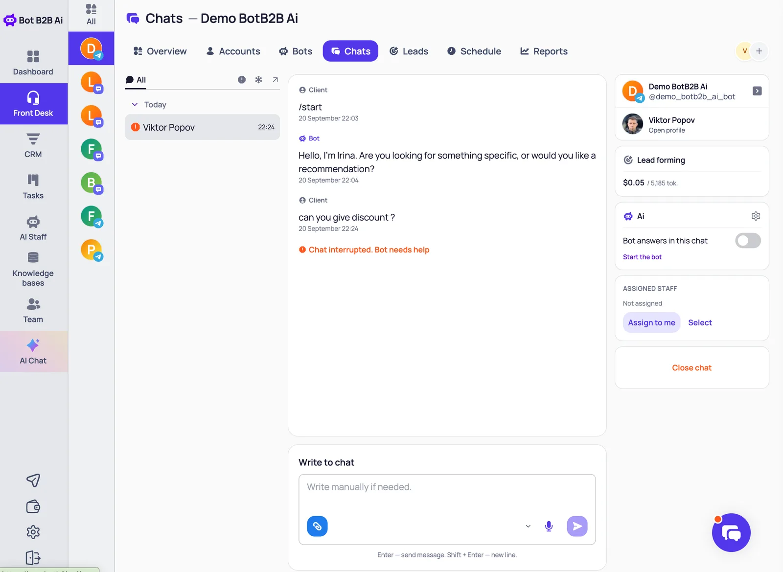 Chat in BotB2B after a handoff: the customer asks for a discount, the chat is marked Bot needs help and the bot toggle is off