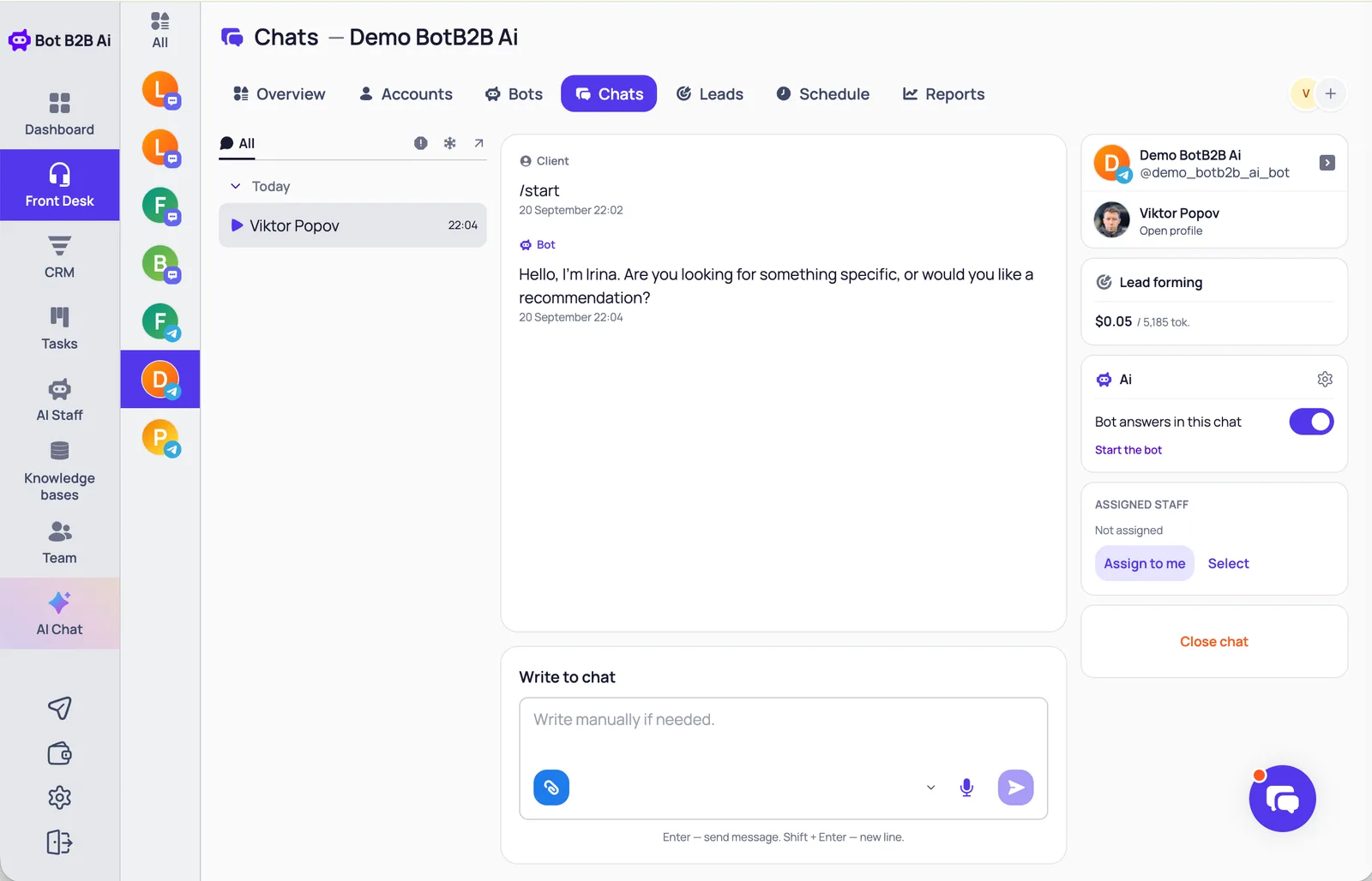 Chats in BotB2B Front Desk: the conversation with the bot's reply, the Write to chat field and the Bot answers in this chat toggle