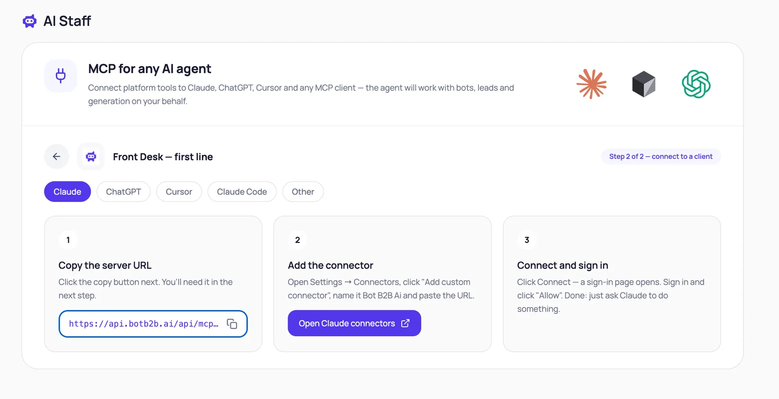 MCP for any AI agent in the BotB2B app: Front Desk connector, step 2 of 2 with Copy the server URL, Add the connector and Connect and sign in