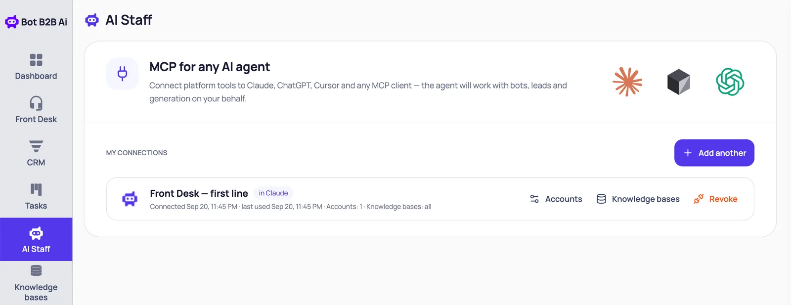 My connections in the BotB2B app: Front Desk connected in Claude with Accounts, Knowledge bases and Revoke