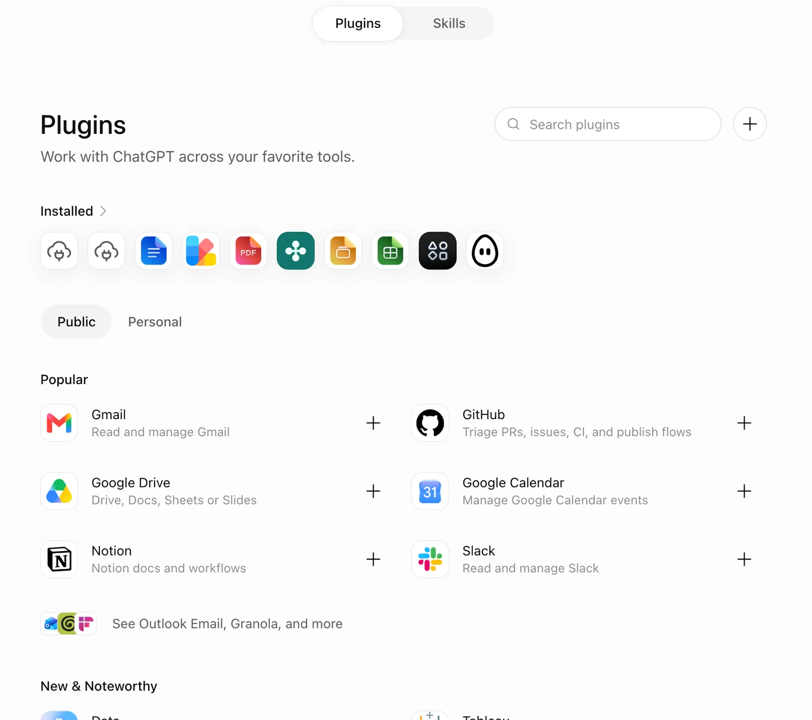 Plugins page in ChatGPT with installed plugins and the plus button to add a new one