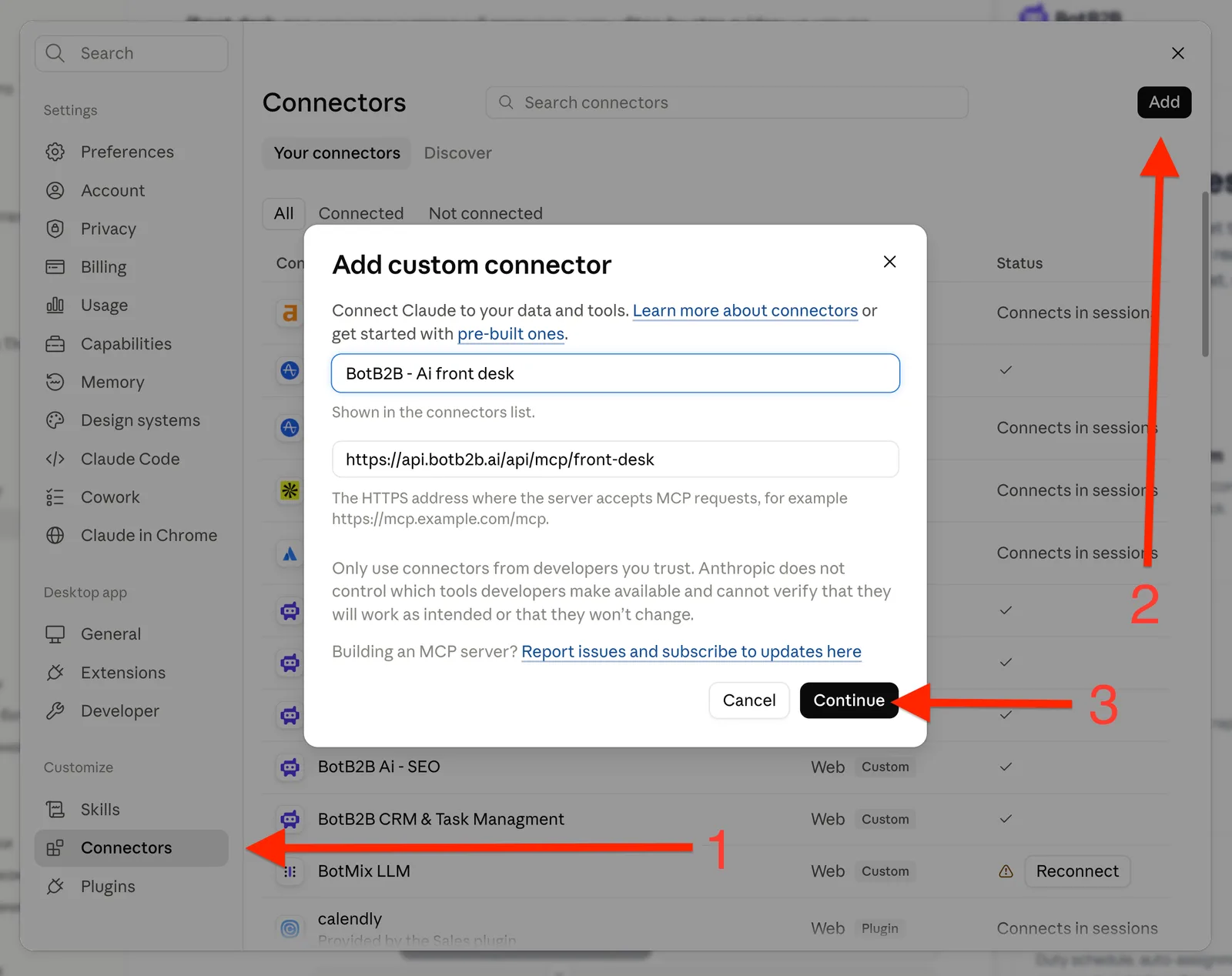Add custom connector dialog in Claude with the name BotB2B AI front desk and the server URL api.botb2b.ai/api/mcp/front-desk