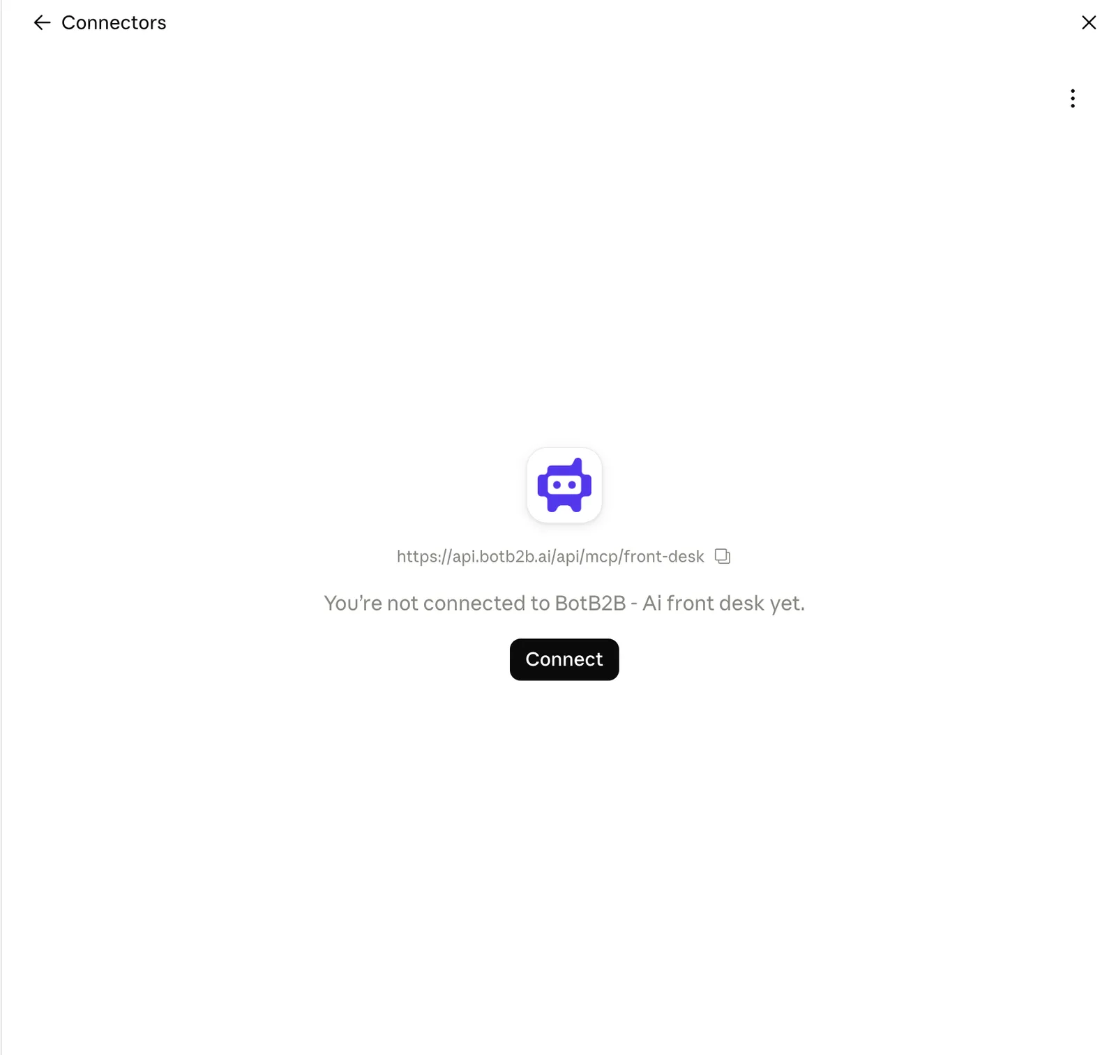 Connector page in Claude: You're not connected to BotB2B yet and the Connect button