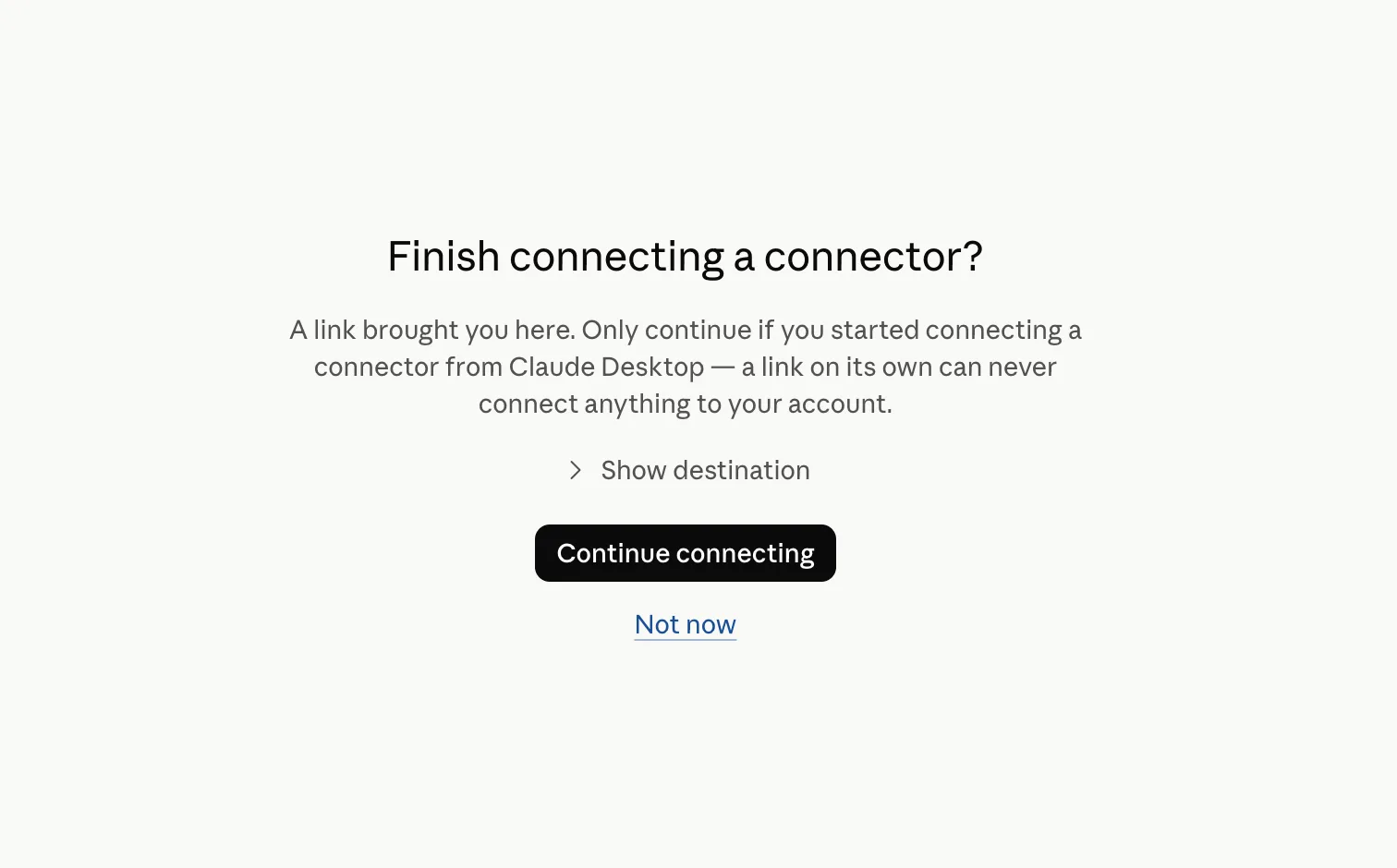 Browser prompt Finish connecting a connector? with the Continue connecting button