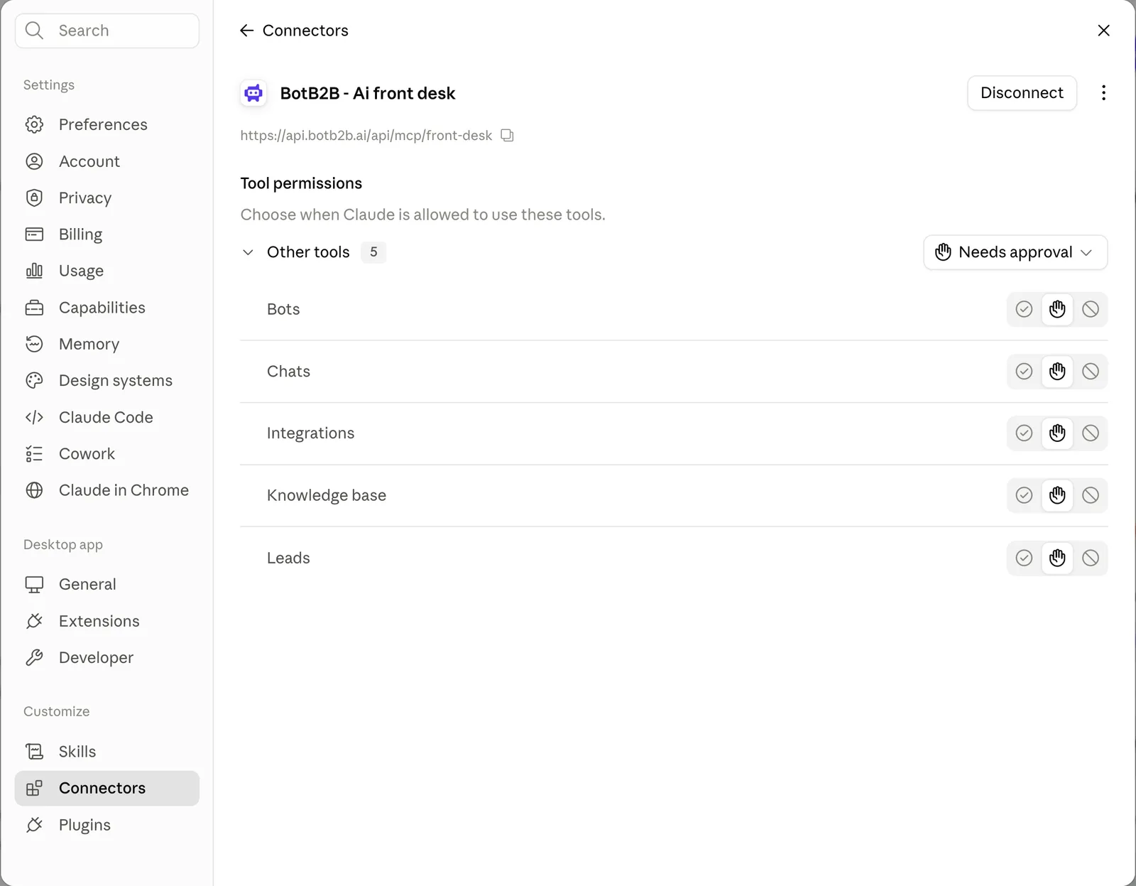 Connected BotB2B connector in Claude: tool permissions for Bots, Chats, Integrations, Knowledge base and Leads, and the Disconnect button