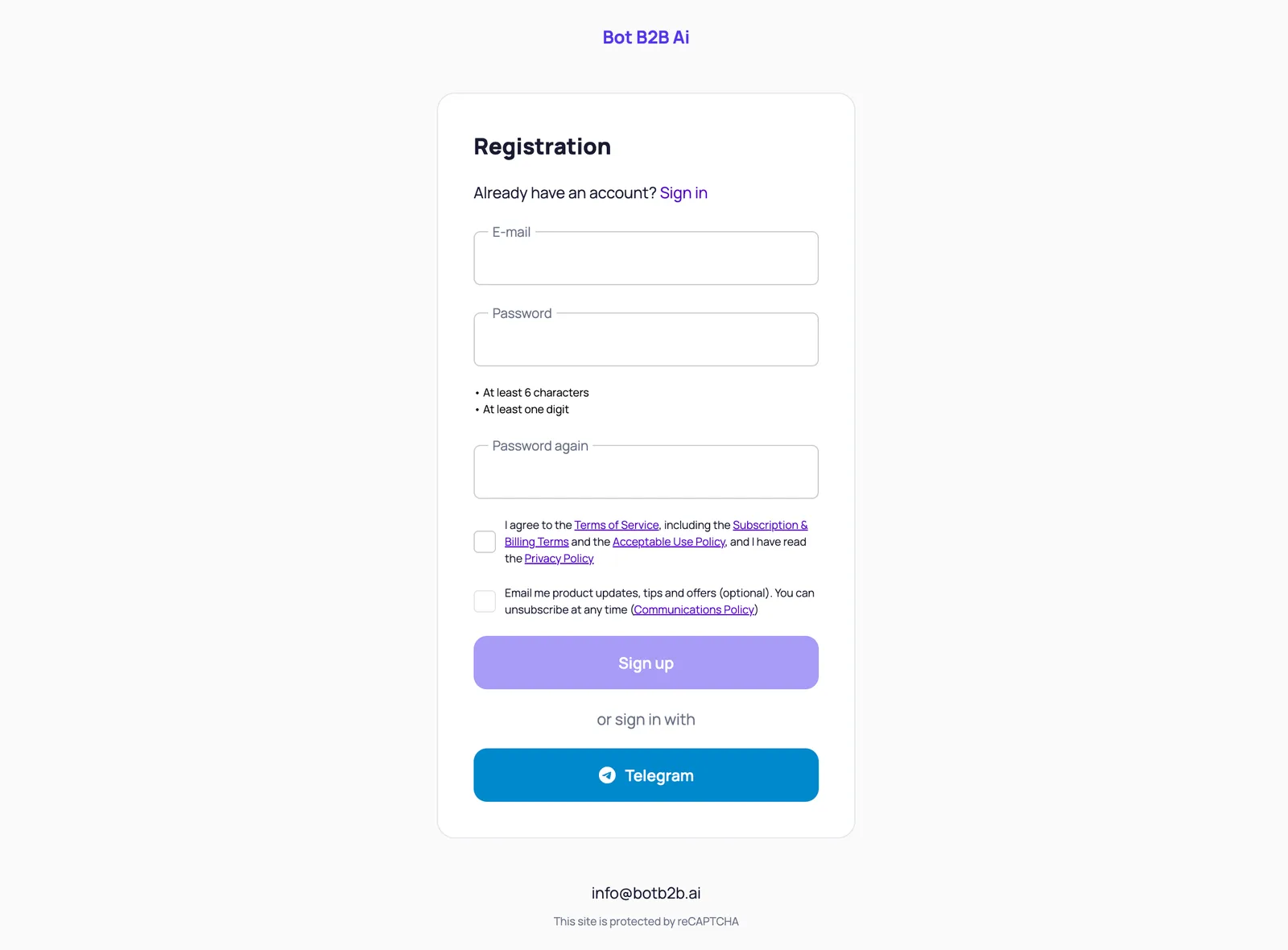BotB2B registration form: email, password and sign-in with Telegram