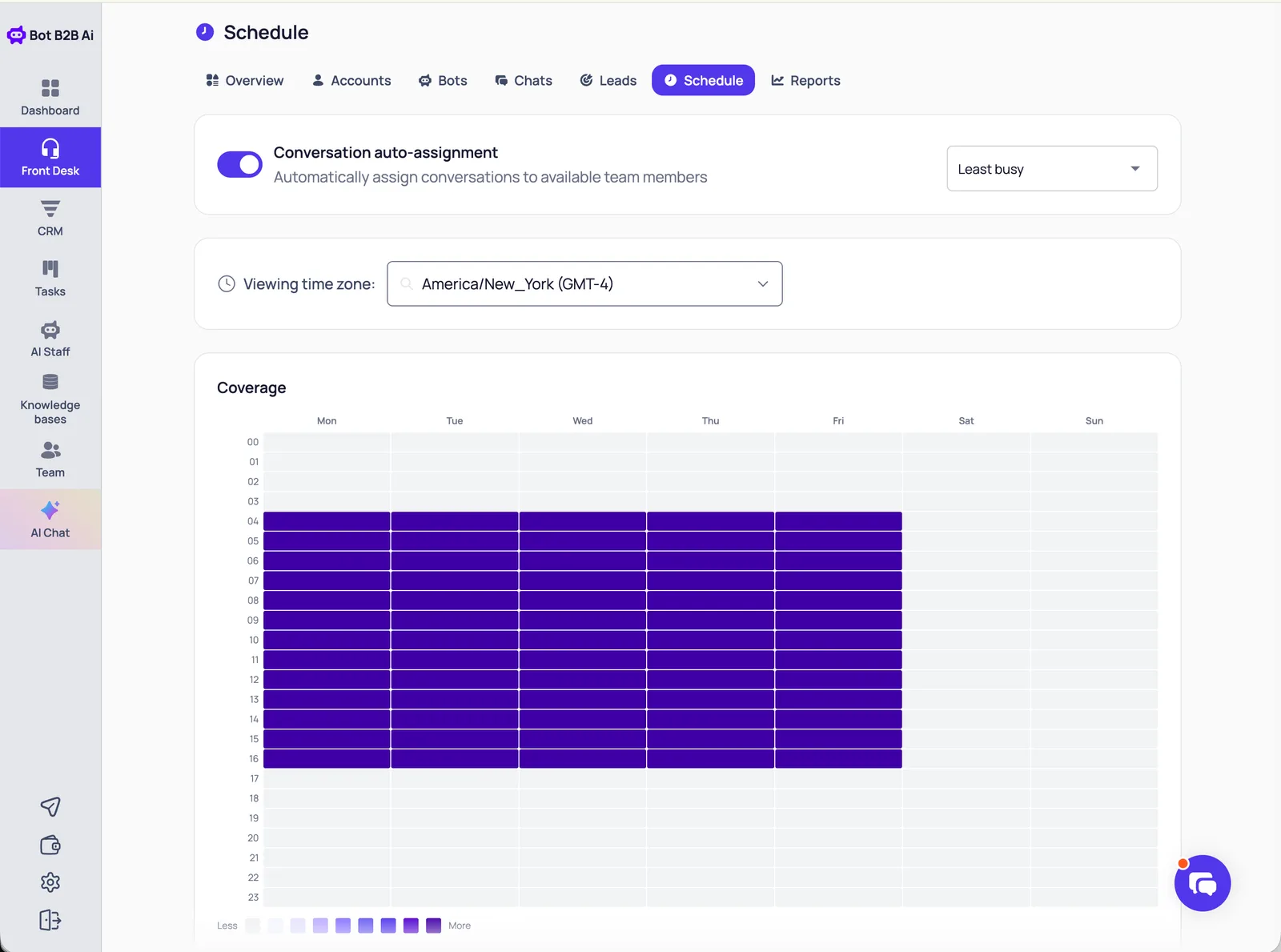 Front Desk Schedule in BotB2B: the Conversation auto-assignment toggle, viewing time zone and the weekly coverage grid