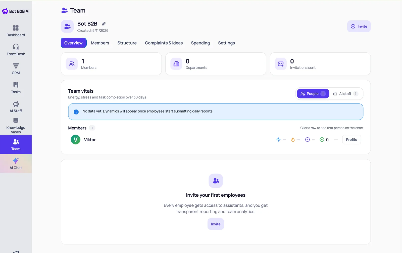 The Team section in BotB2B: members, structure, invitations and the Invite button