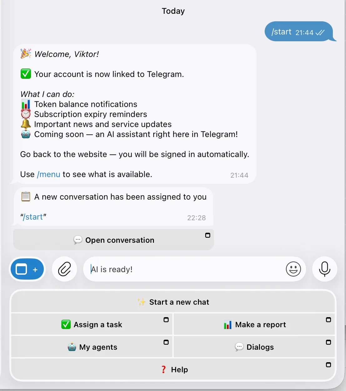 BotB2B bot in Telegram: account linked and an alert about a new conversation with the Open conversation button