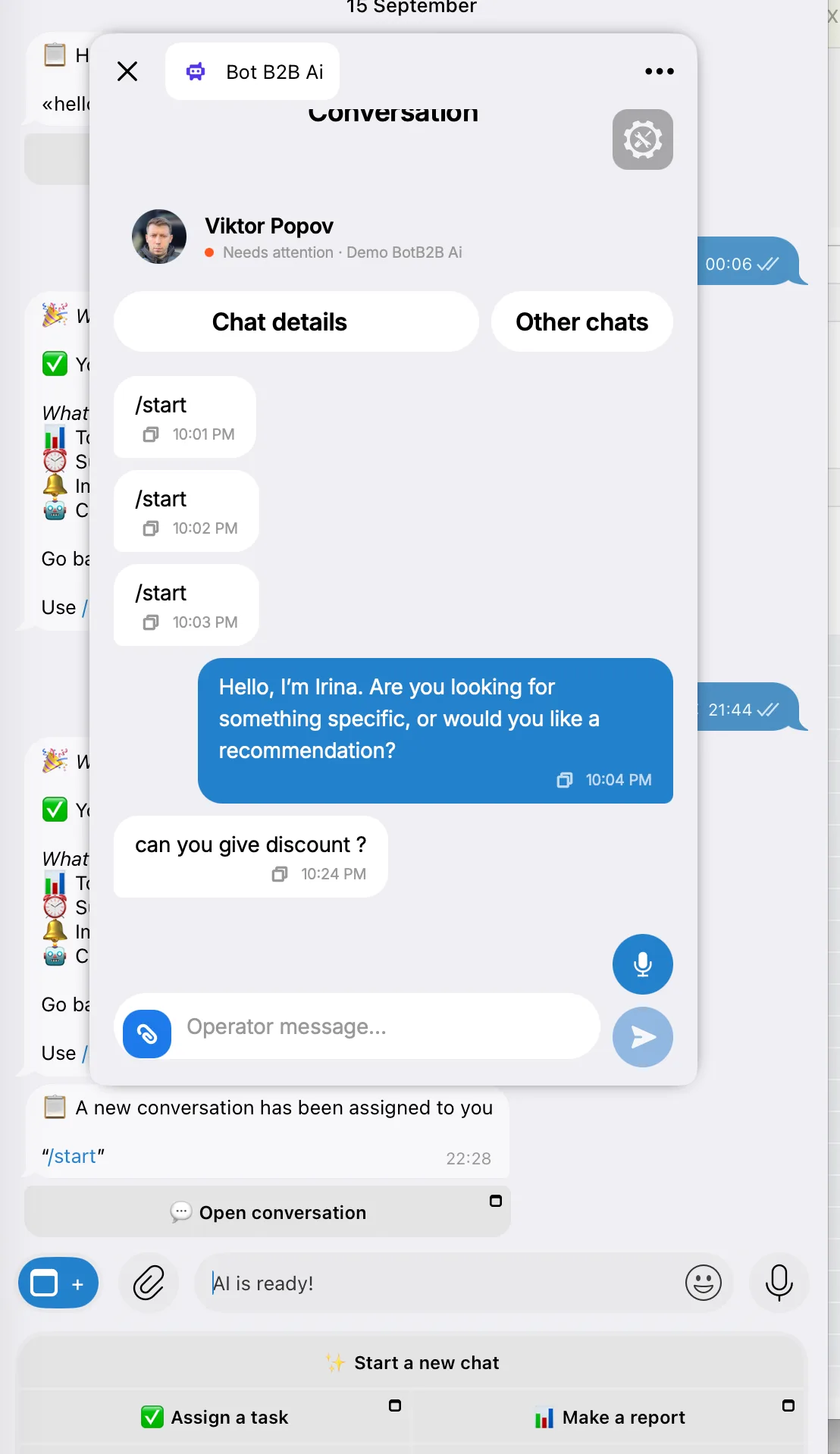 BotB2B mini app in Telegram with a customer conversation