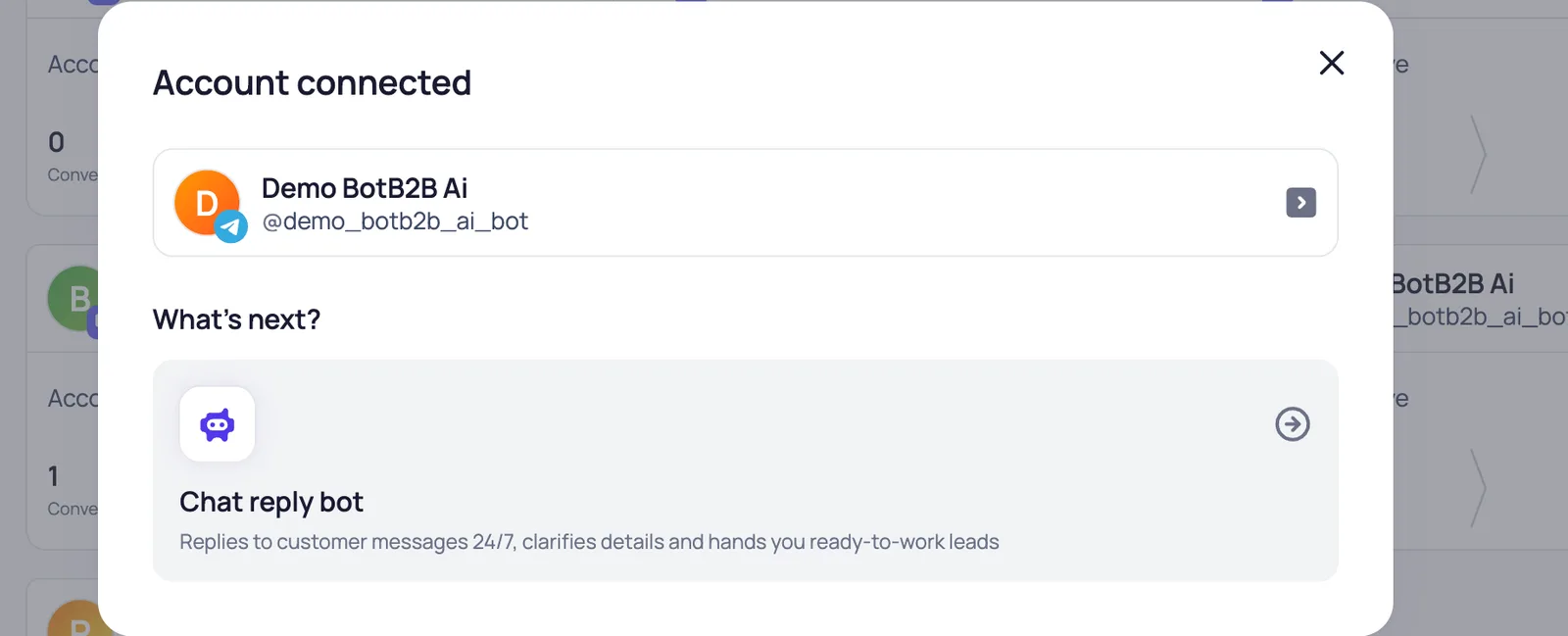 Account connected dialog in BotB2B: the Telegram bot and the Chat reply bot next step
