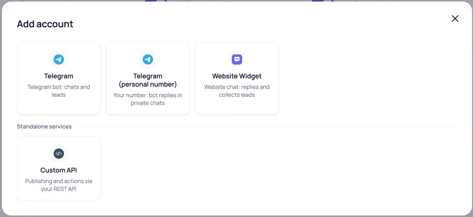 Catálogo Adicionar conta no BotB2B: bot do Telegram, Telegram (número pessoal), Widget do site e Custom API