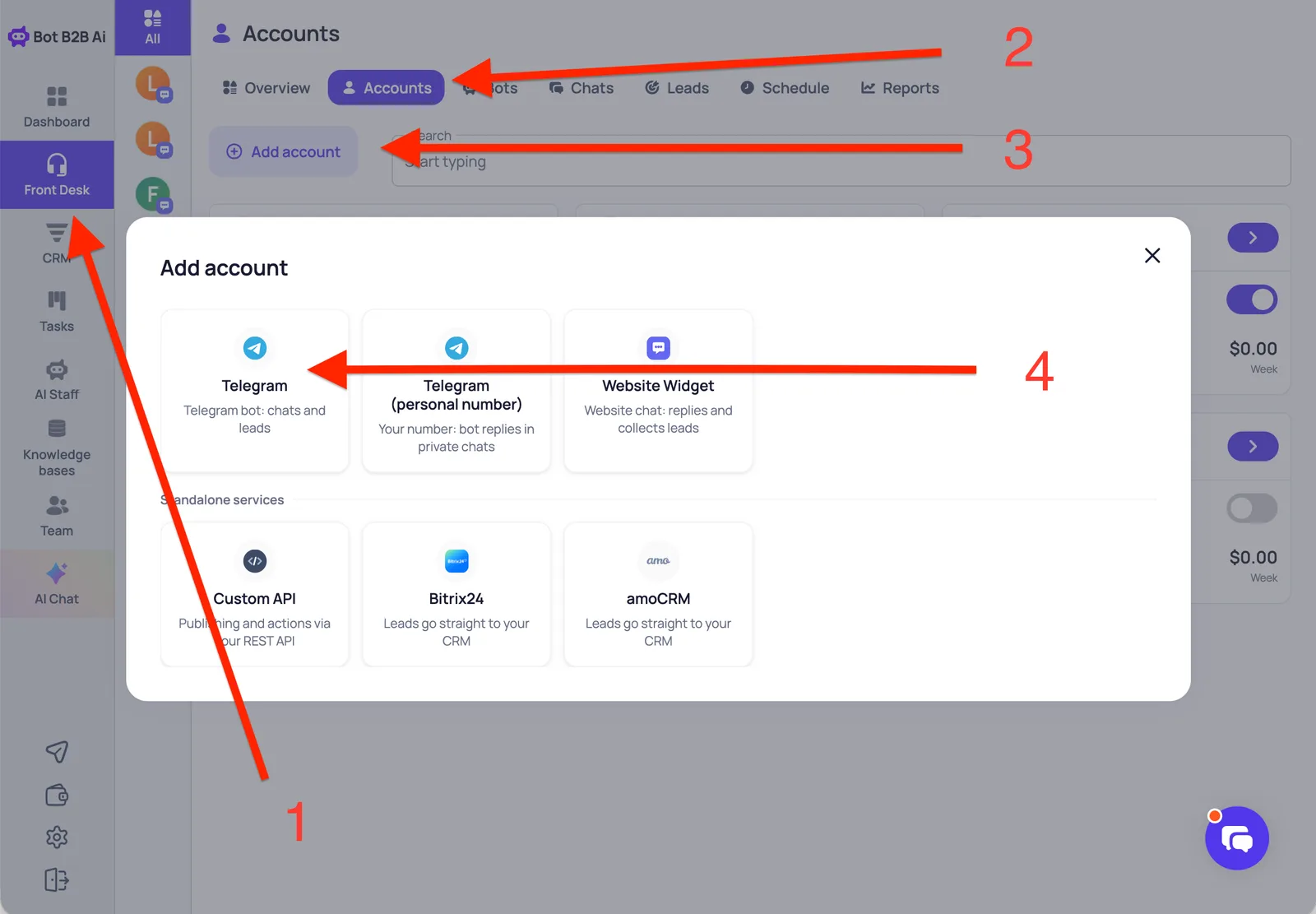 Front Desk in BotB2B: the Accounts tab and the Add account catalog with Telegram, Telegram (personal number) and Website Widget