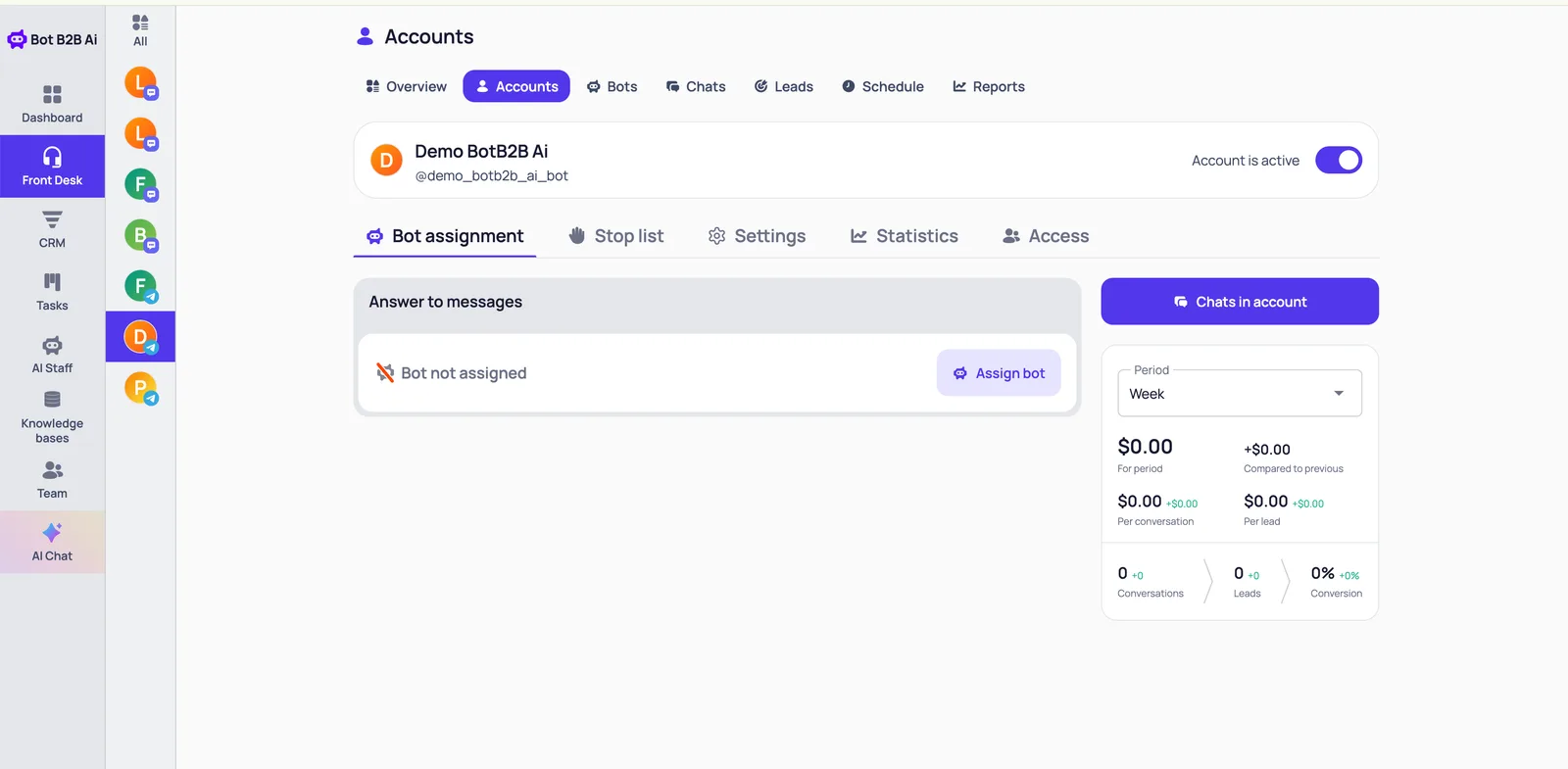 Bot assignment tab of a Telegram account in BotB2B: Bot not assigned and the Assign bot button