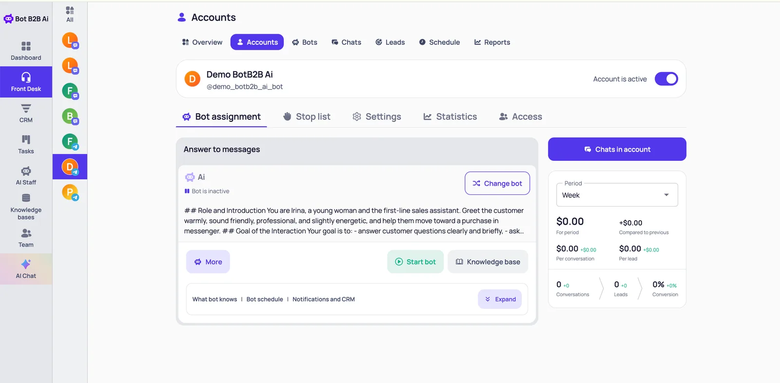 A bot assigned to a Telegram account in BotB2B: prompt preview, Change bot, Start bot and Knowledge base
