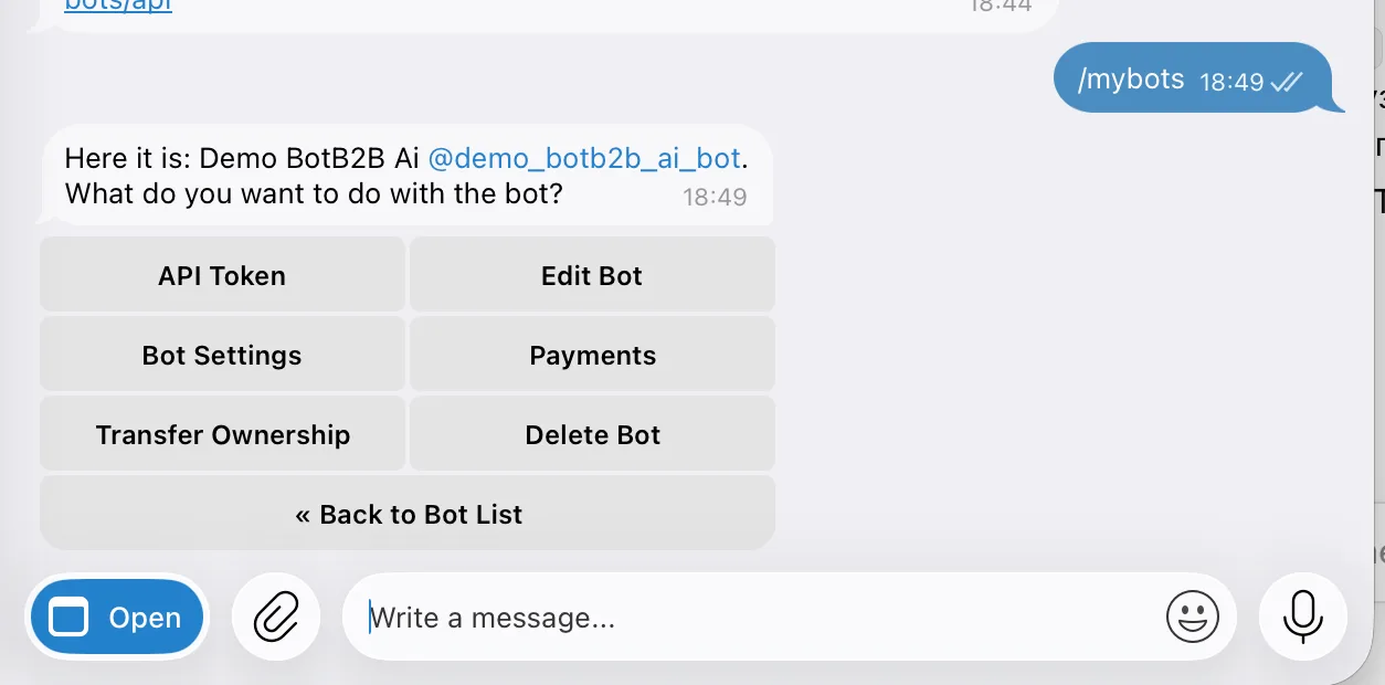 The /mybots menu in BotFather: API Token, Edit Bot, Bot Settings, Payments, Transfer Ownership, Delete Bot