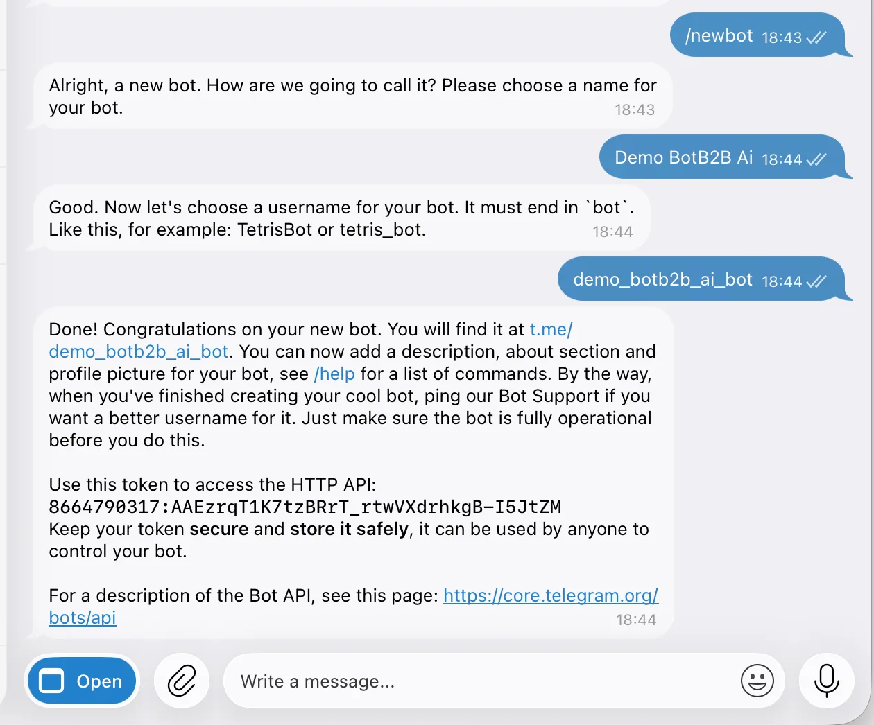 Creating a bot in BotFather: name, username ending in bot, and the Done message with the API token