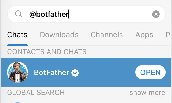 Search for @BotFather in Telegram: the official bot with a verification badge and the Open button