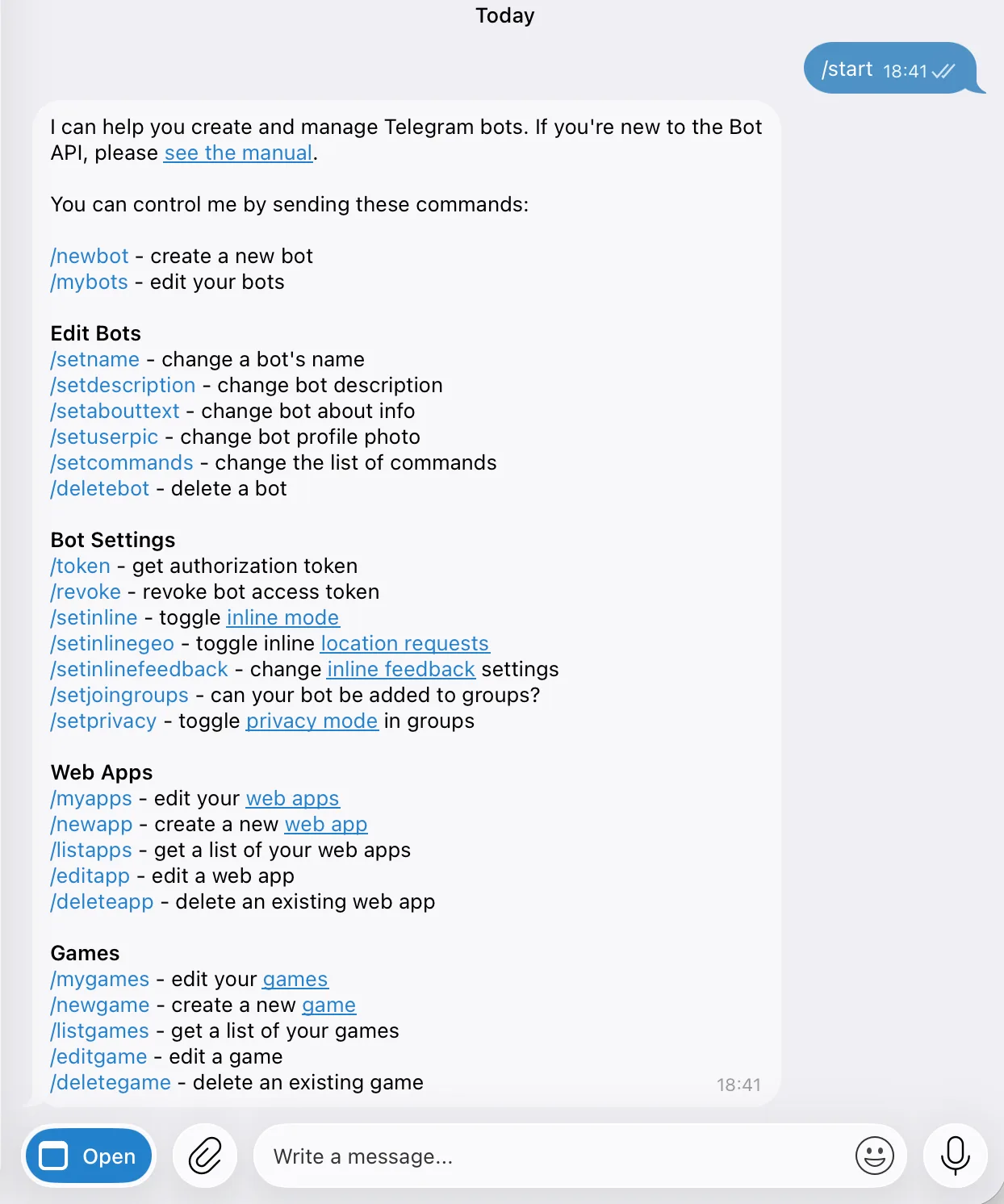 BotFather command list after /start: /newbot creates a bot, /mybots edits your bots