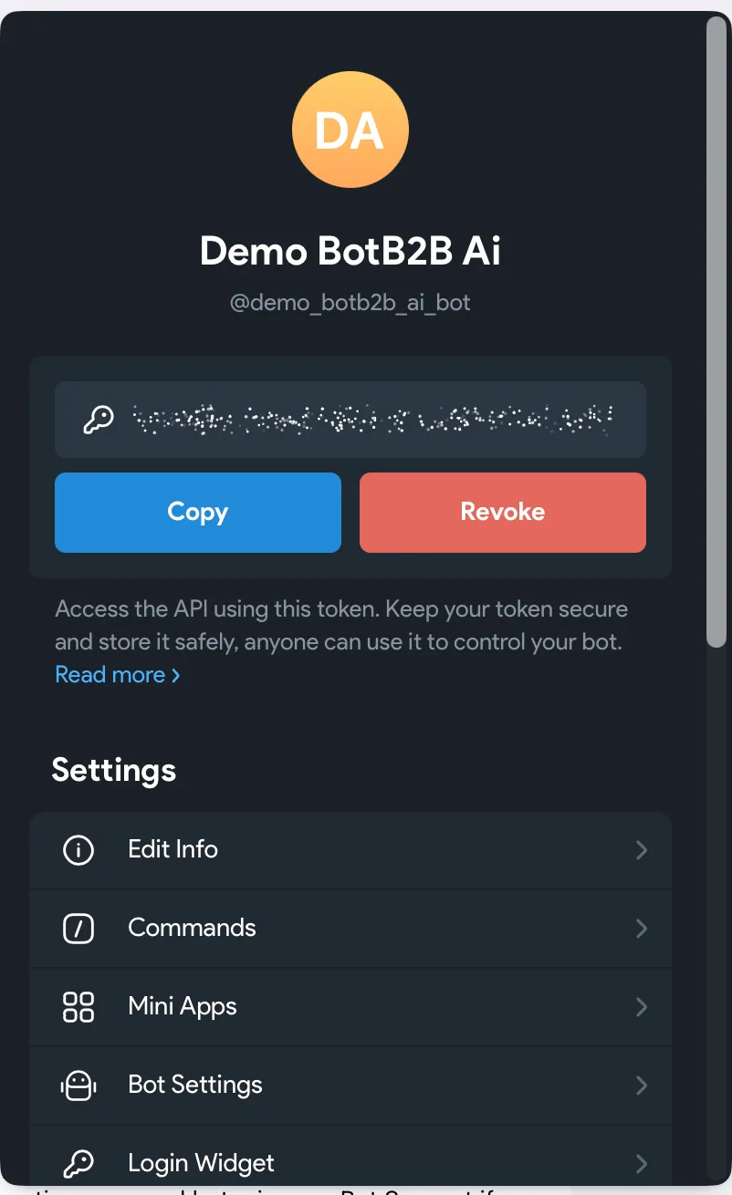 Bot page in the BotFather app: API token with Copy and Revoke buttons and the Settings list