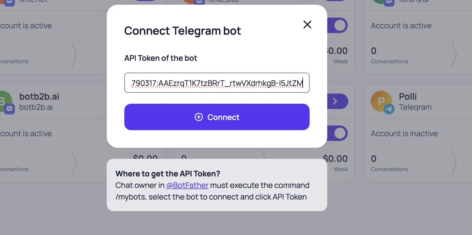 Connect Telegram bot dialog in BotB2B: the API Token of the bot field and the Connect button