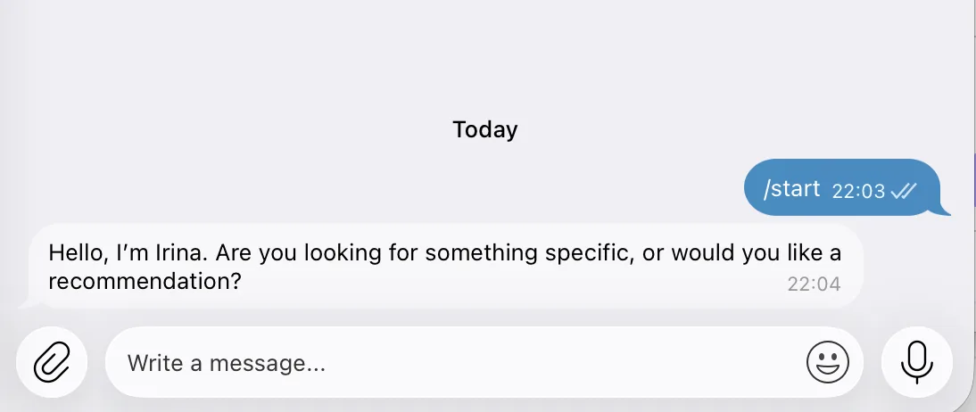 First message from the AI bot in Telegram after /start