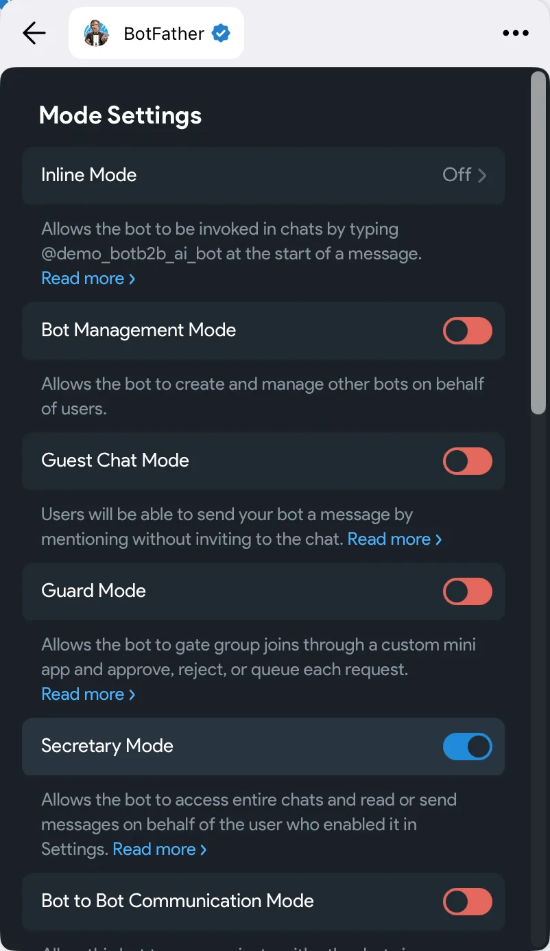 Mode Settings no app do BotFather: o botão Secretary Mode ativado