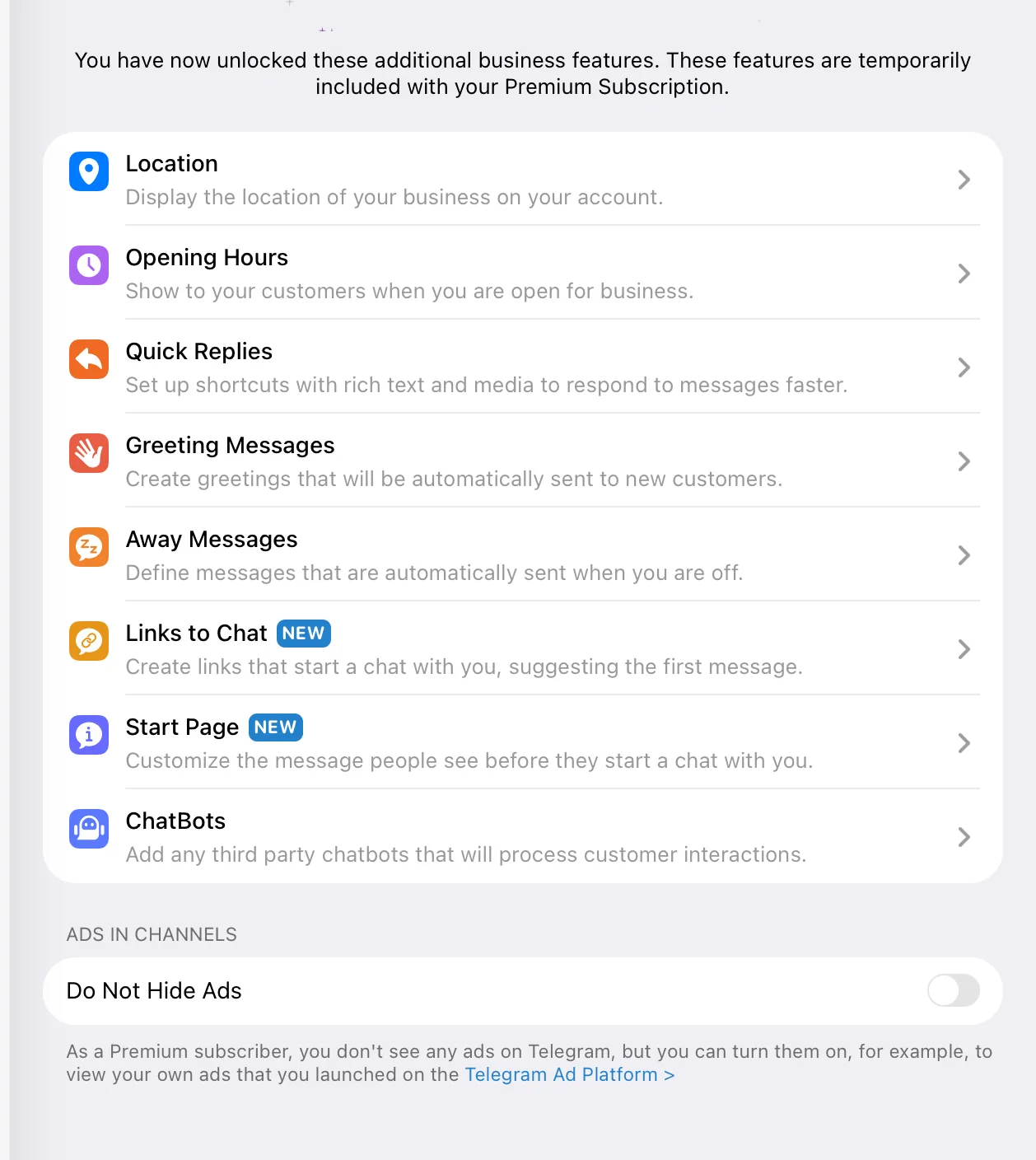 Lista de recursos do Telegram Business com Chatbots ao final