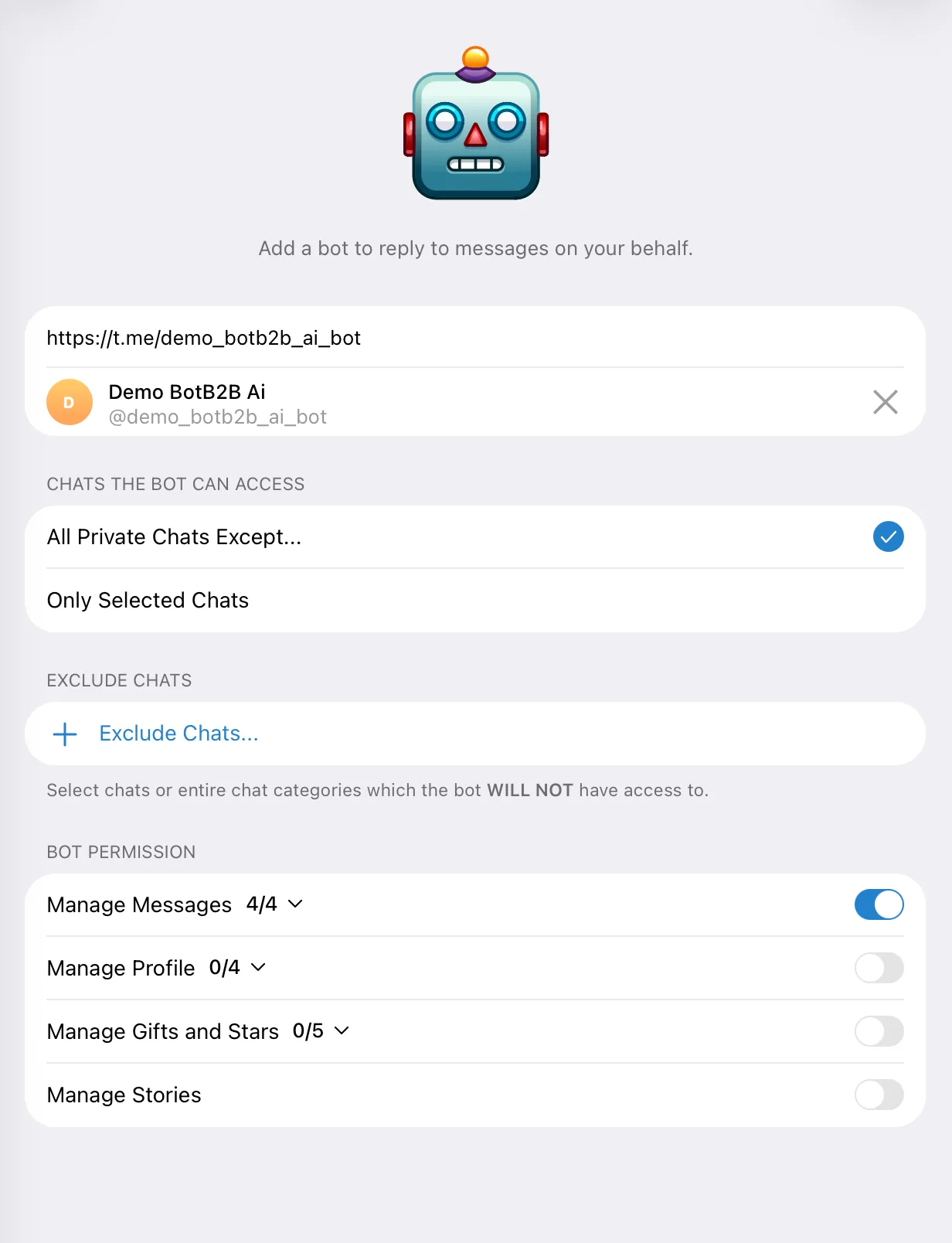 Configurações do chatbot no Telegram Business: chats que o bot pode acessar, chats excluídos e a permissão Gerenciar mensagens