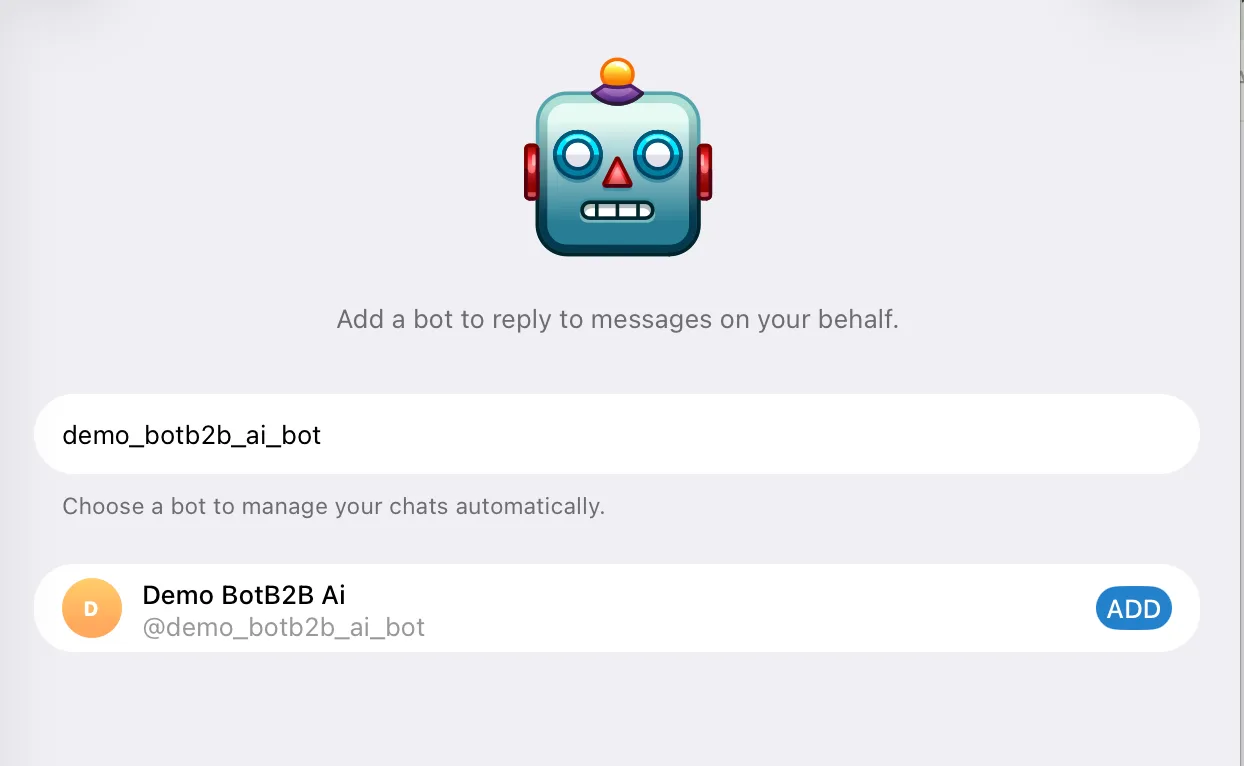 Adding a chatbot in Telegram Business settings