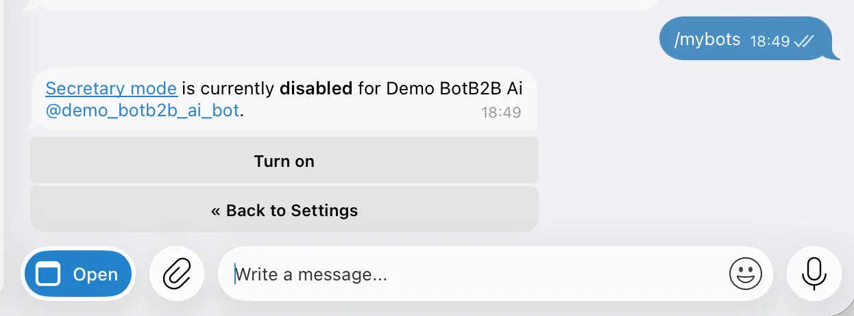 Chat do BotFather: Secretary mode is currently disabled e o botão Turn on