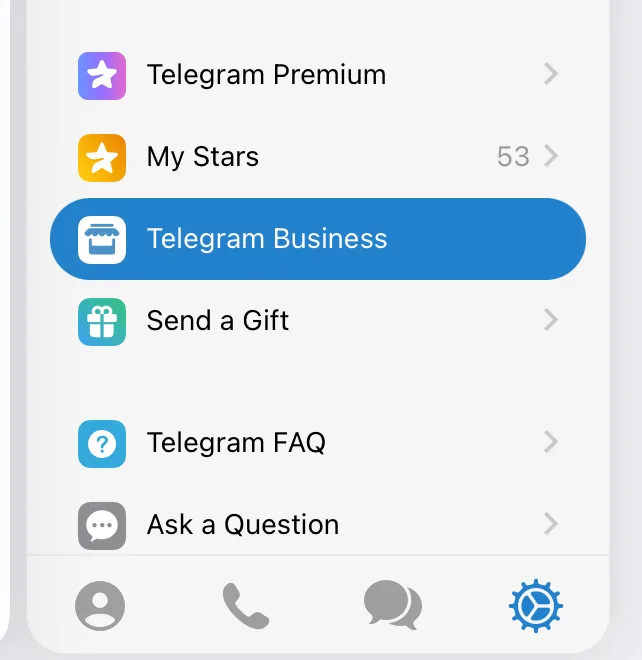 Configurações do Telegram: o item Telegram Business abaixo de Telegram Premium