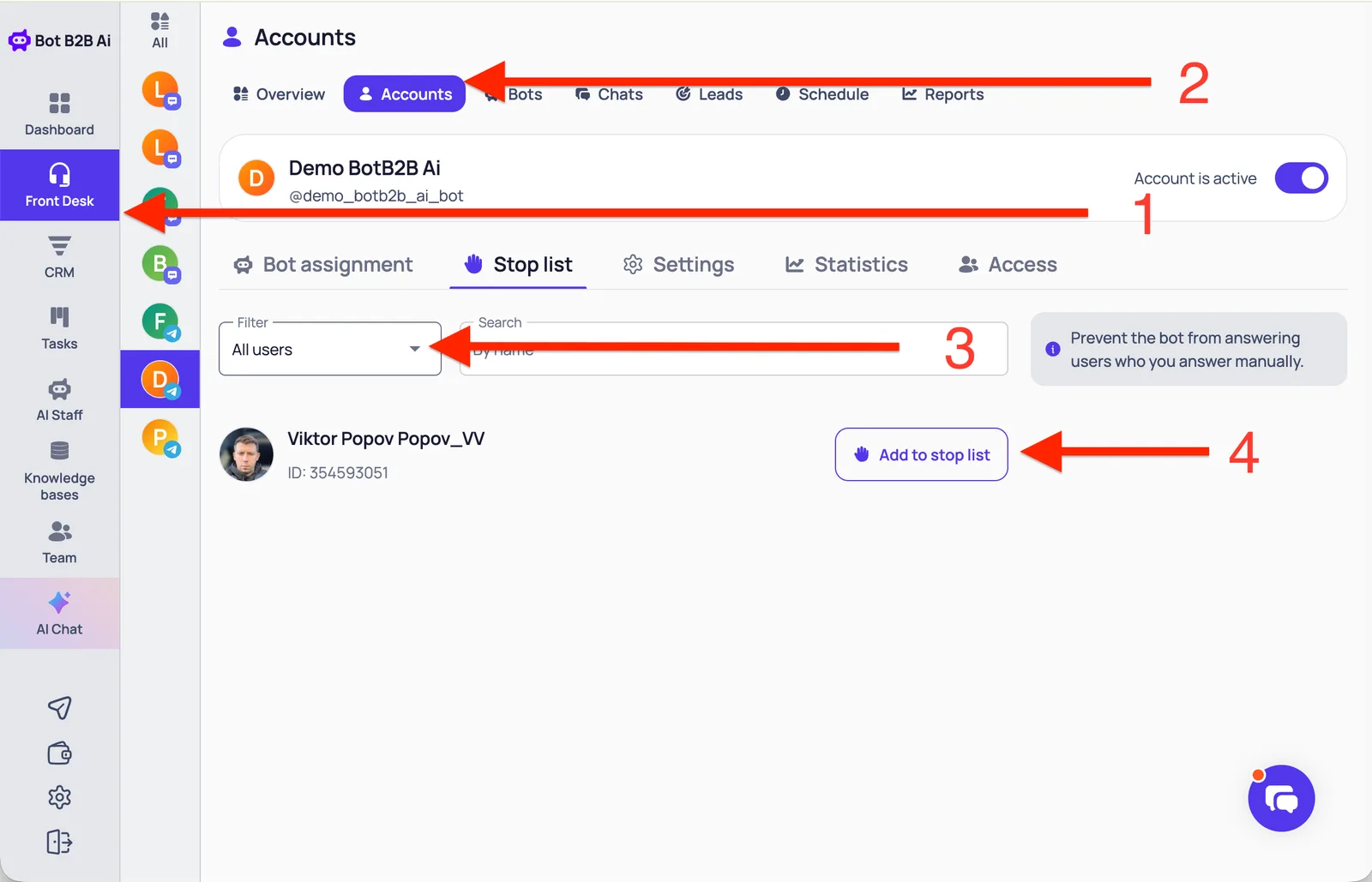Stop list tab of a Telegram account in BotB2B: filter, search by name and the Add to stop list button