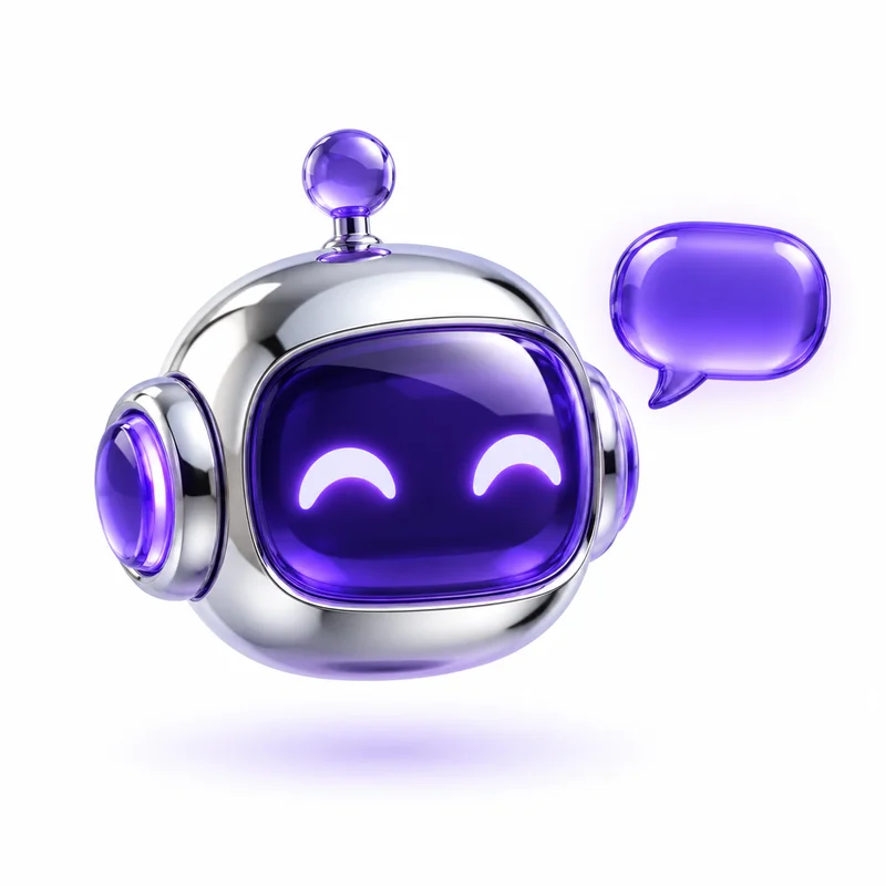Glossy AI robot head with a chat bubble